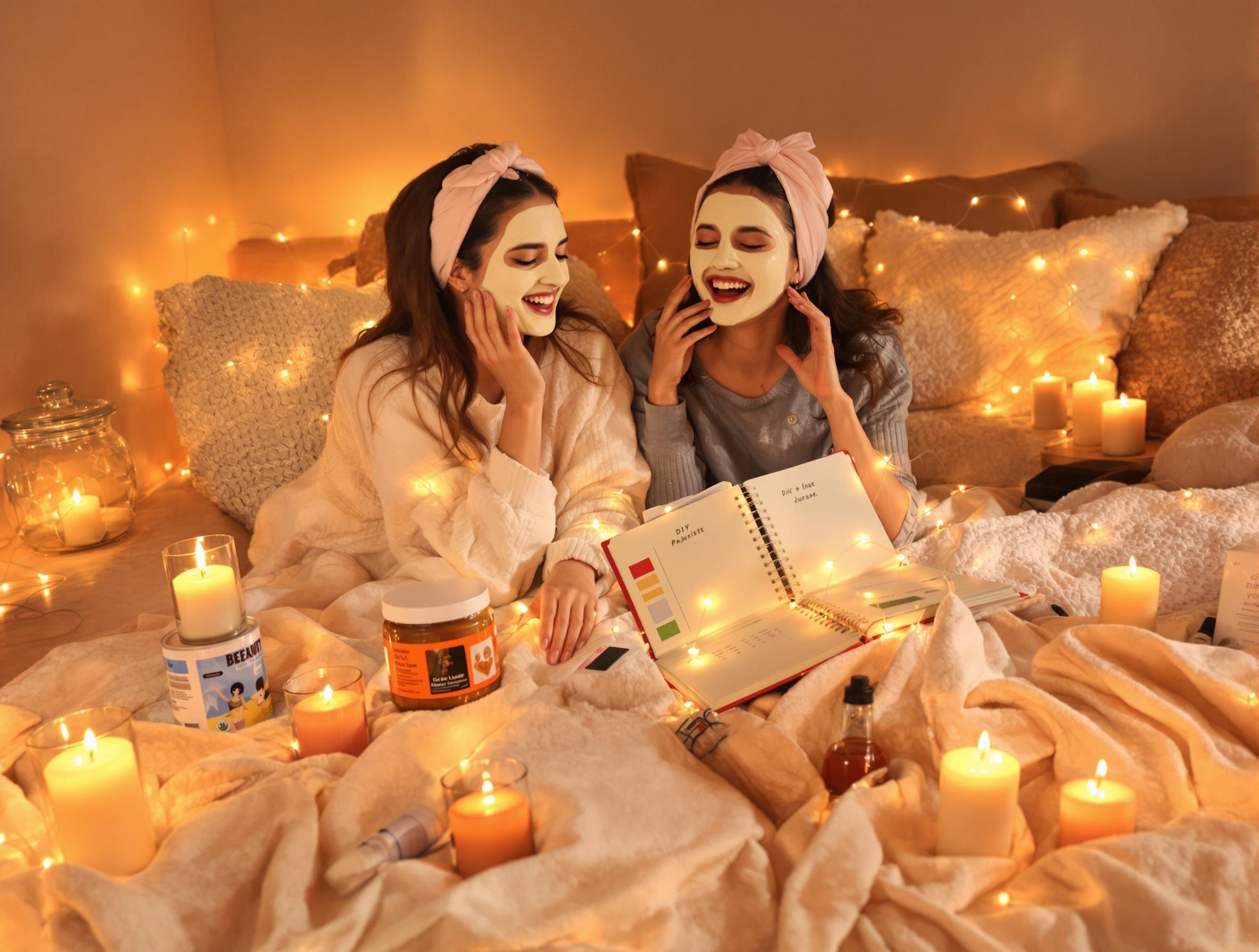 Ambiance cocooning joyeuse deux amies appliquent un masque visage maison en chantant