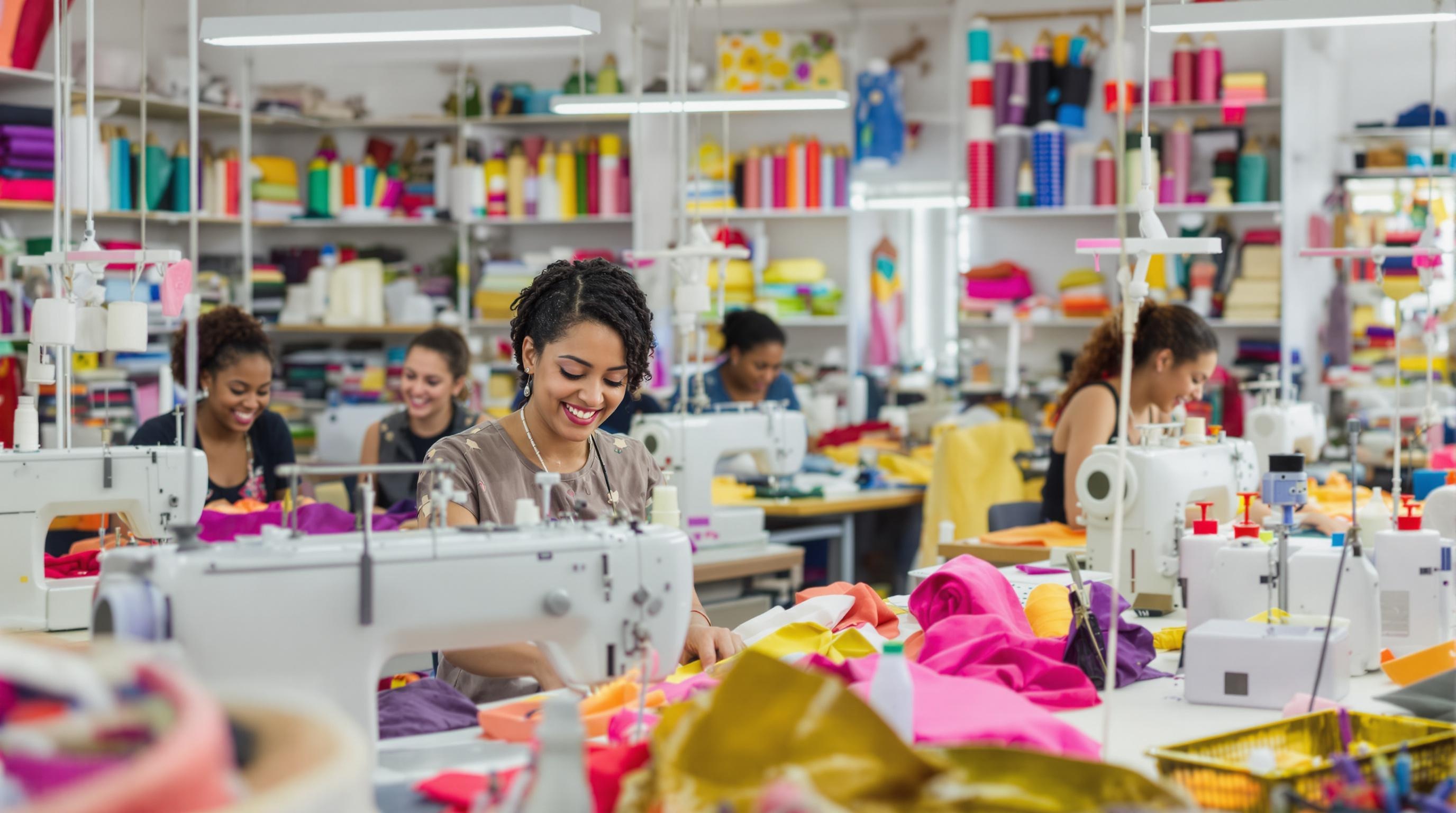 Atelier couture éthique Europe ambiance lumineuse couturières souriantes