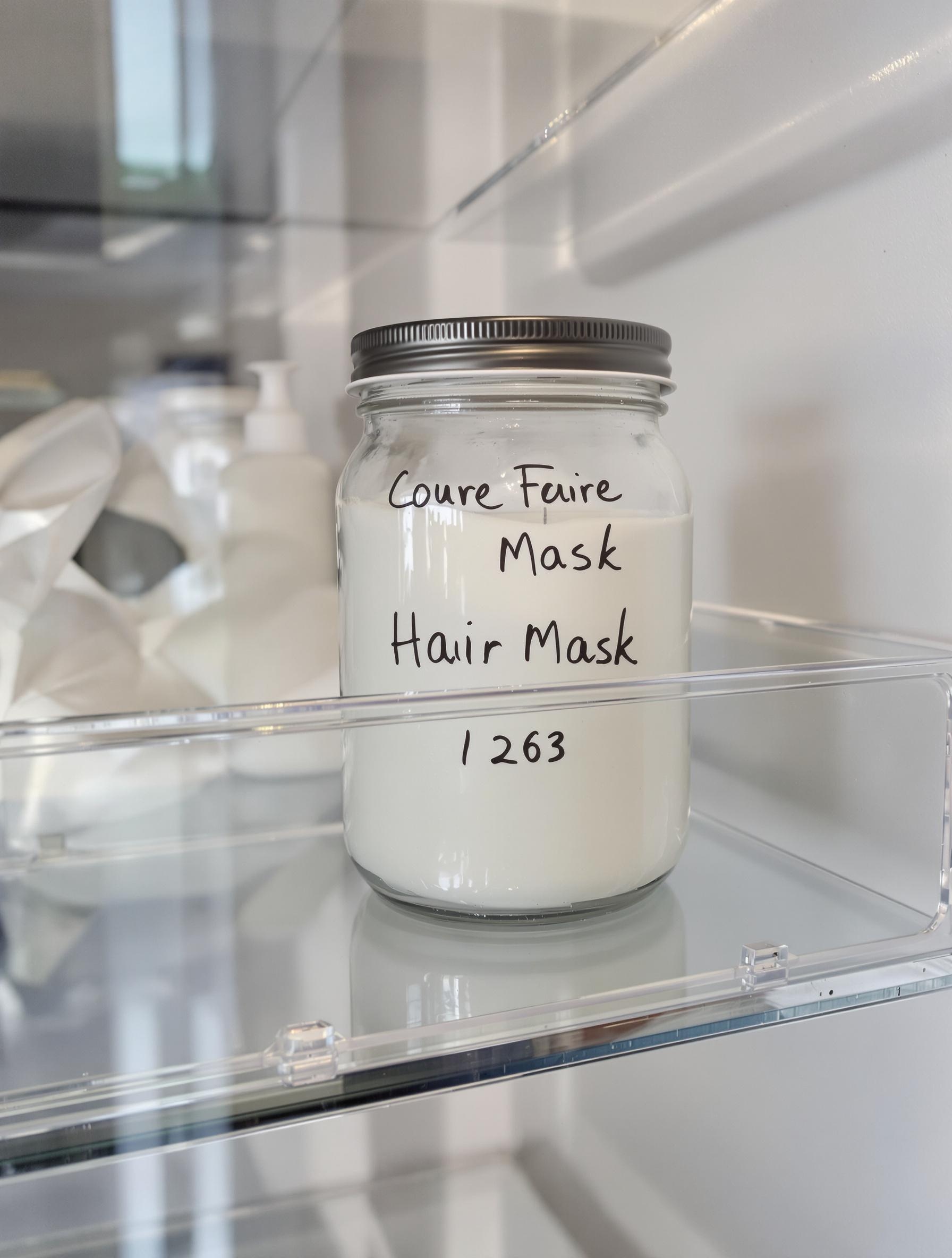 Bocal hermétique contenant un masque capillaire blanc étiqueté dans un frigo minimaliste.