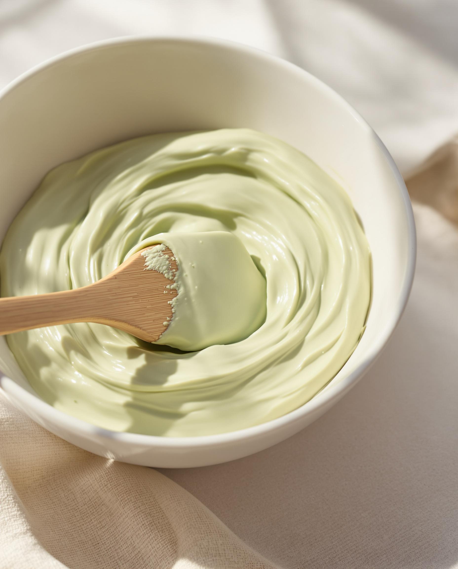 Bol d'argile verte prête avec spatule en bois