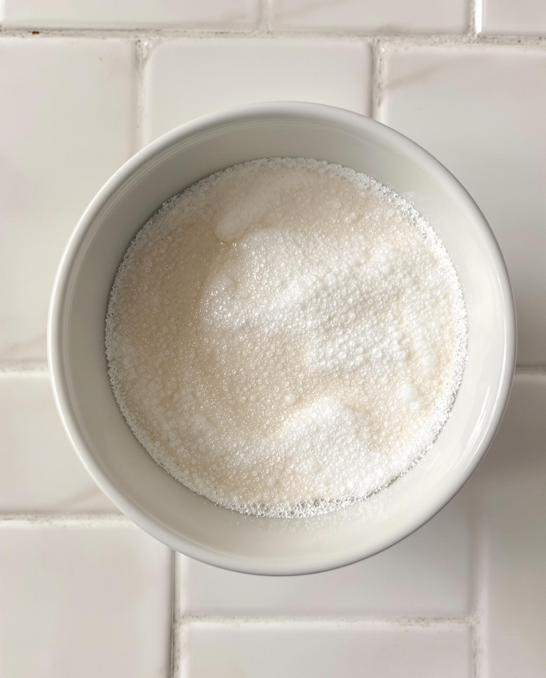 Petit bol contenant un mélange de bicarbonate et de liquide vaisselle mousseux sur fond de carrelage