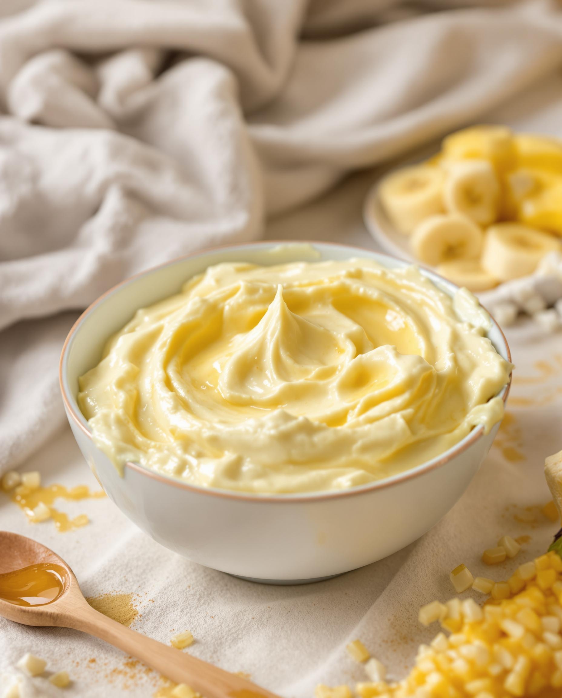 Bol masque banane-miel jaune pâle avec banane écrasée