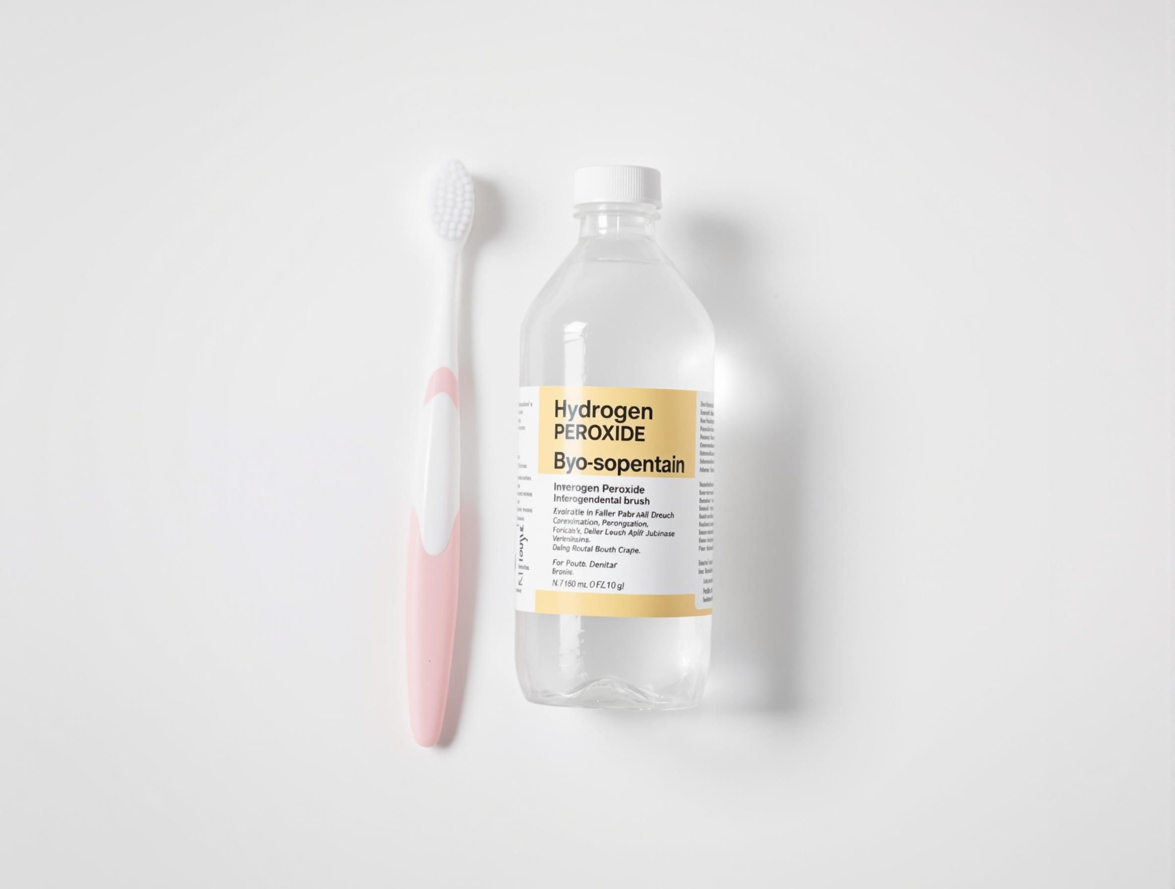 Bouteille d’eau oxygénée posée à côté d’une brossette de dentiste sur fond blanc lumineux