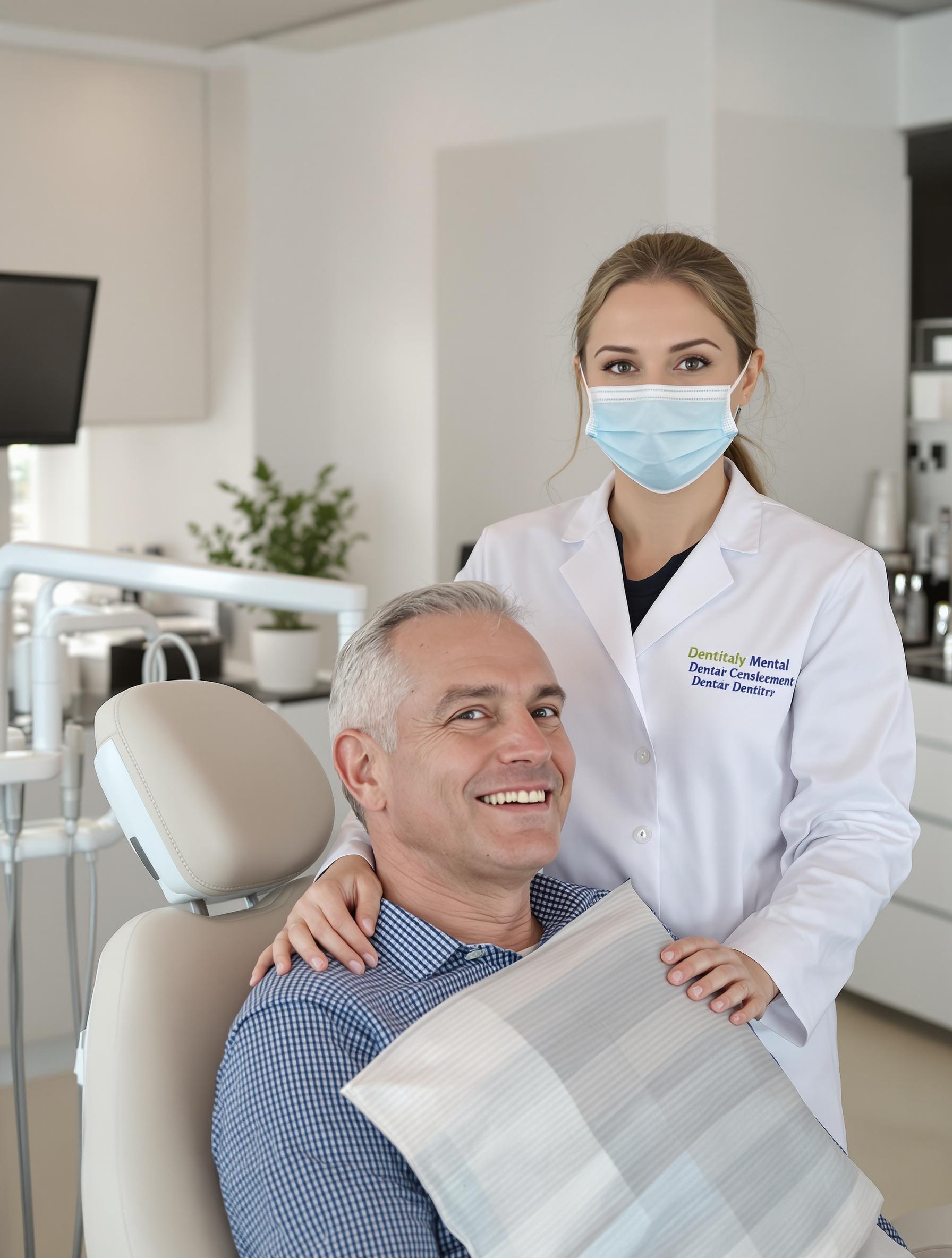 Cabinet dentaire moderne avec une praticienne et un patient souriant