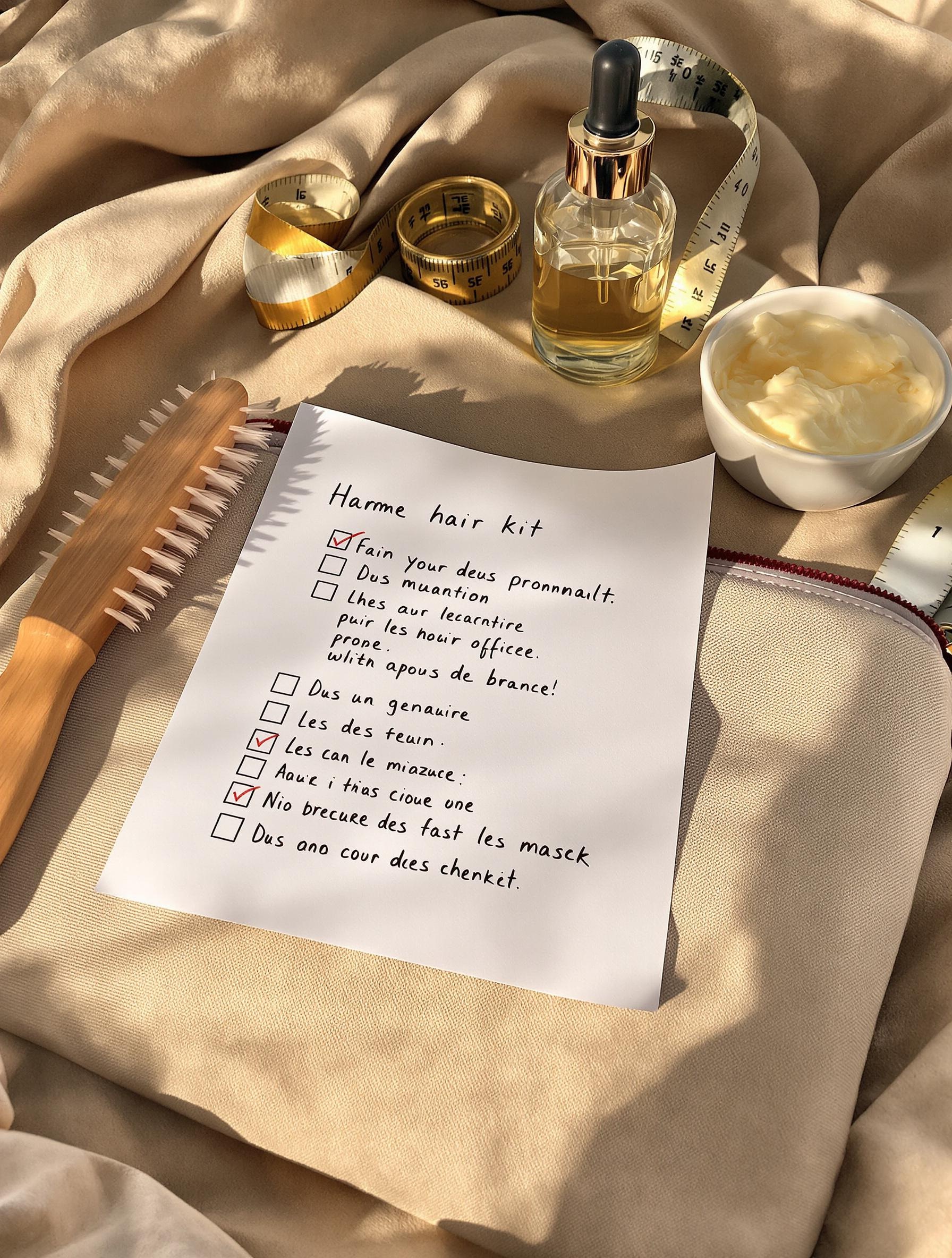 Checklist de soins capillaires avec accessoires.