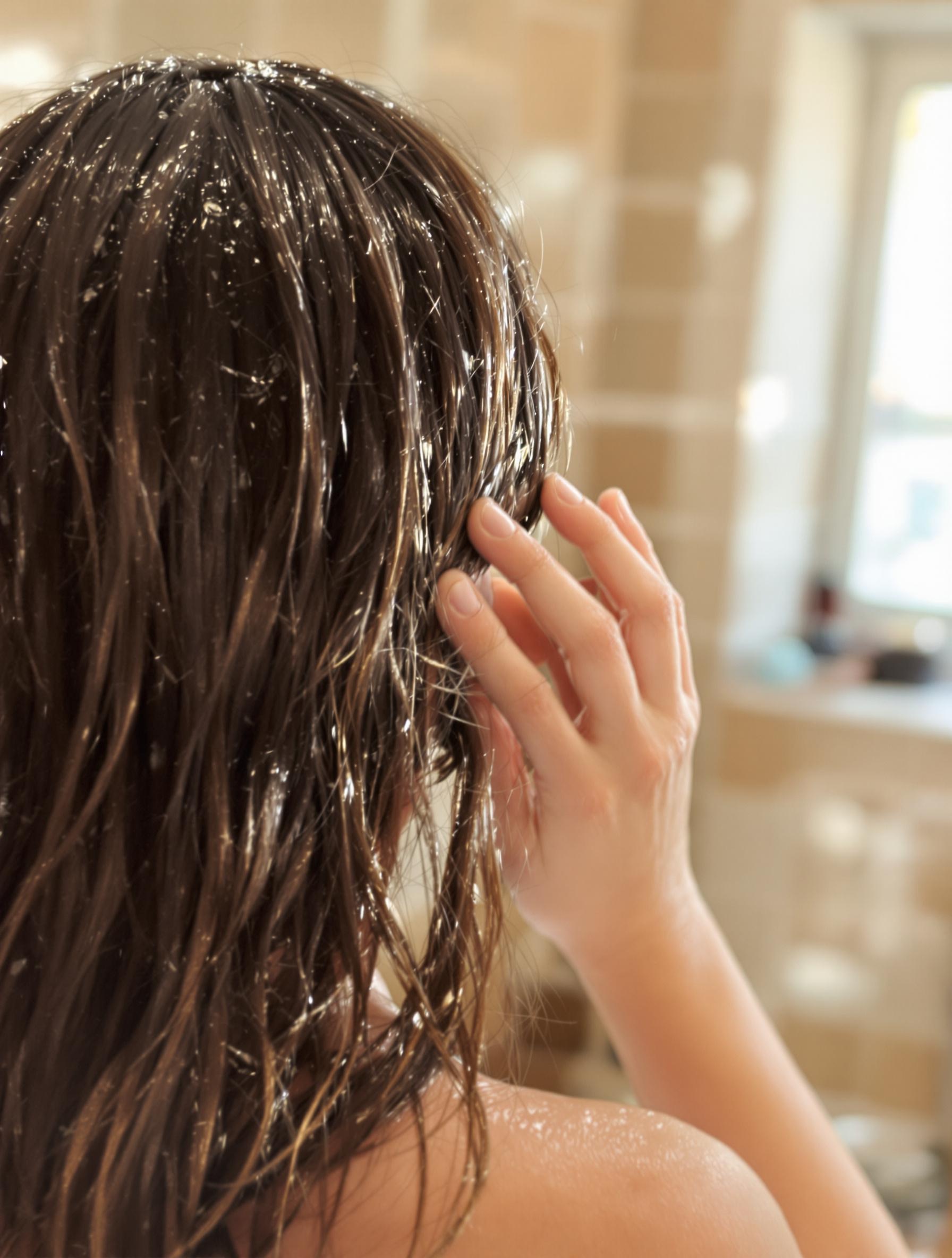 Cheveux légèrement humides prêts pour l’application de l’huile de CBD.
