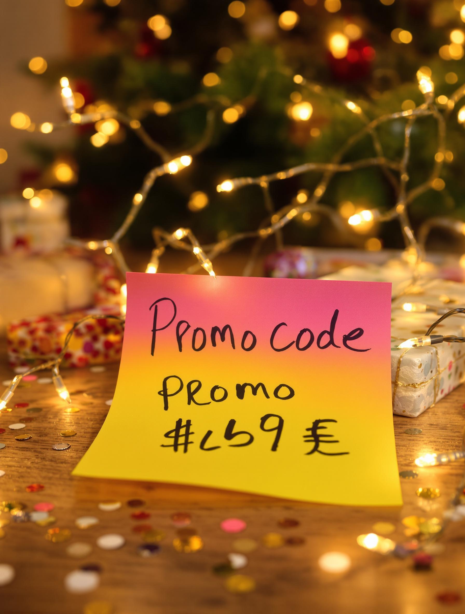 Code promo manuscrit sur fond festif Noël avec guirlandes et confettis