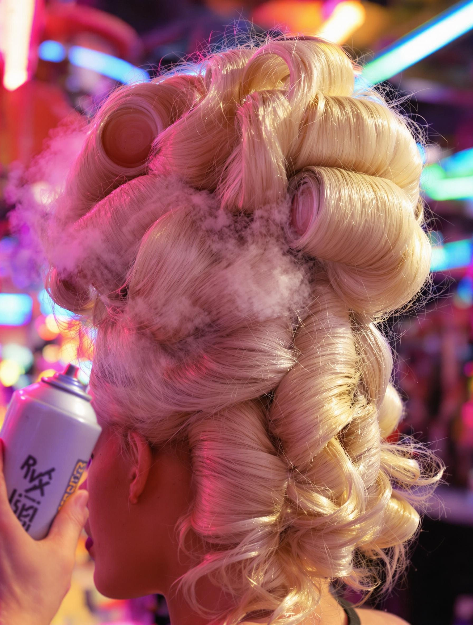 Coiffure bouffante typique années 80 avec laque