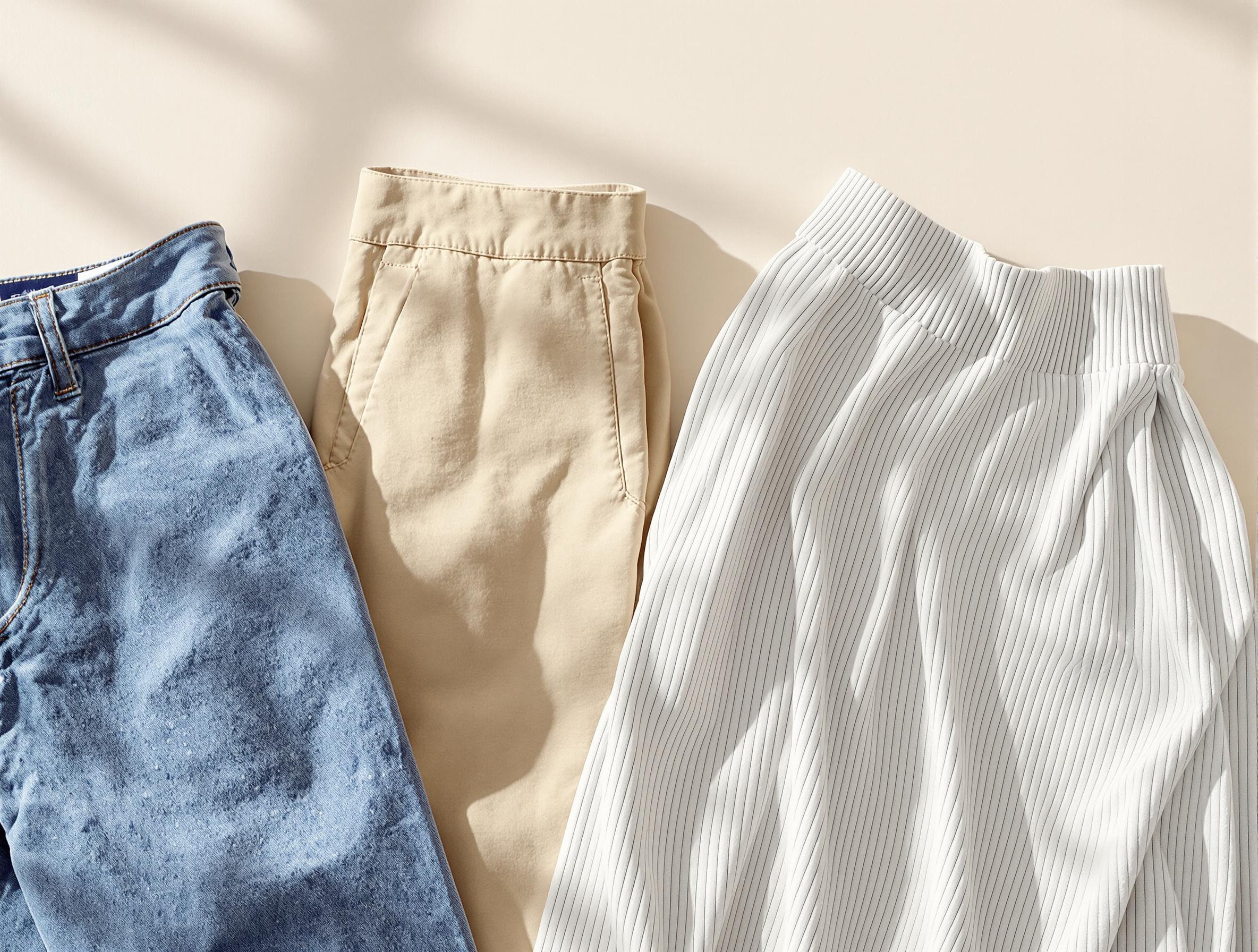 Jean droit, chino coupe classique et jupe midi maille déposés ensemble