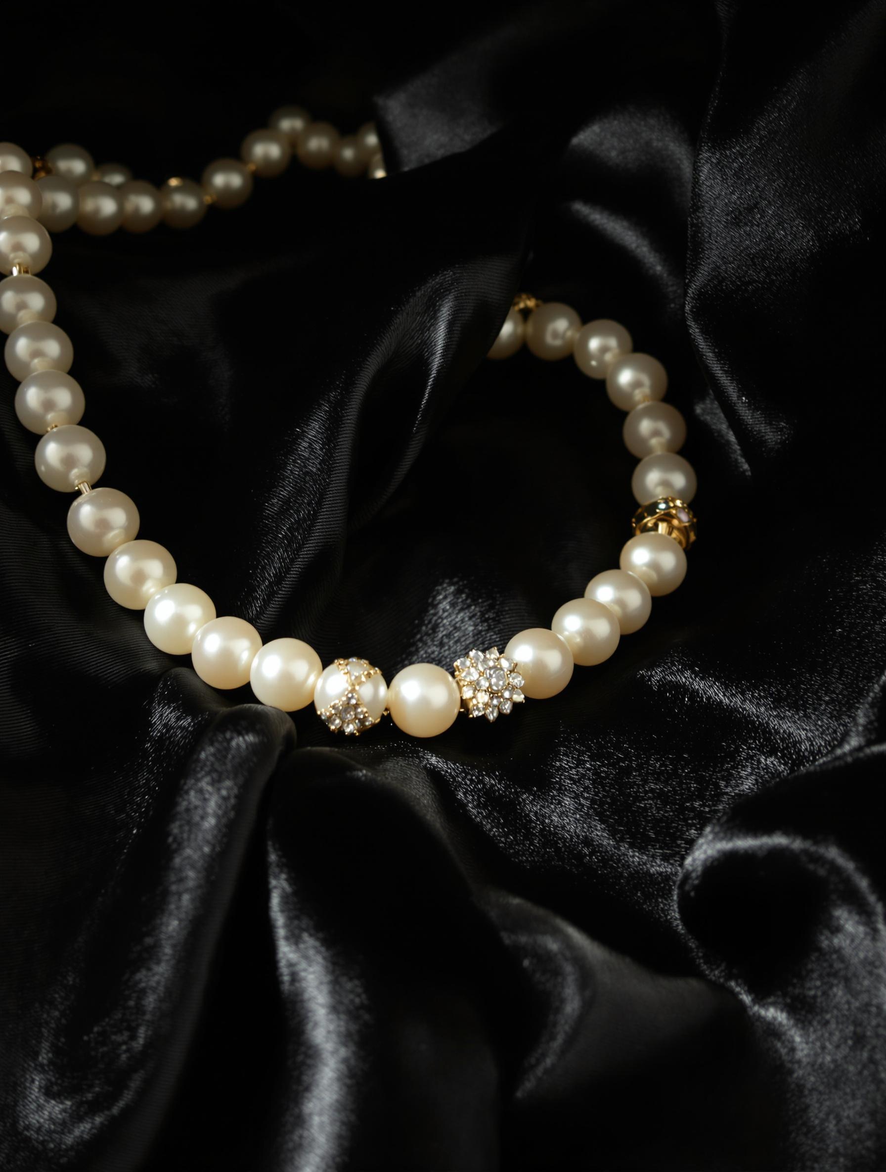 Collier de perles et strass posées sur une robe noire satinée.