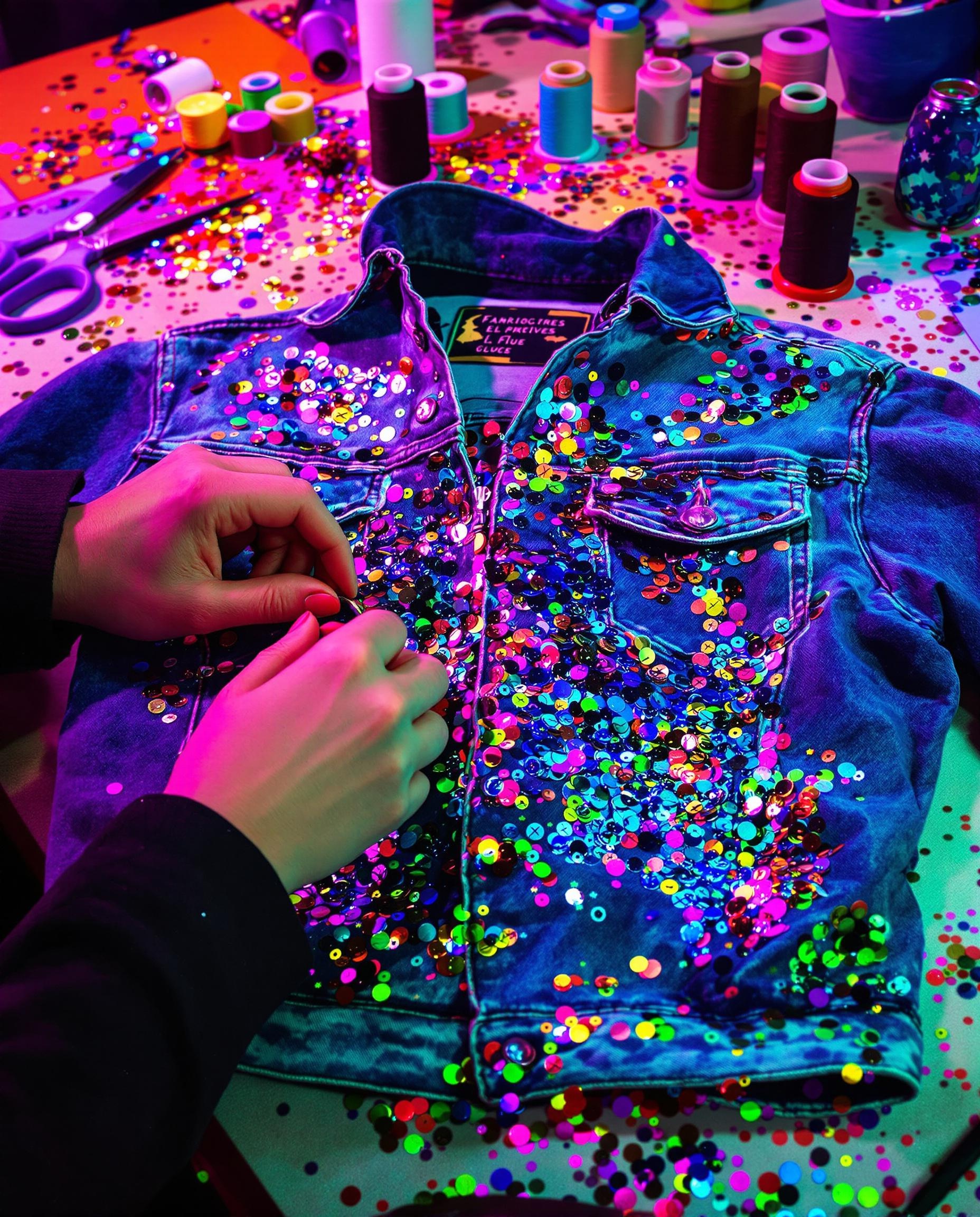 DIY veste jean années 80 paillettes