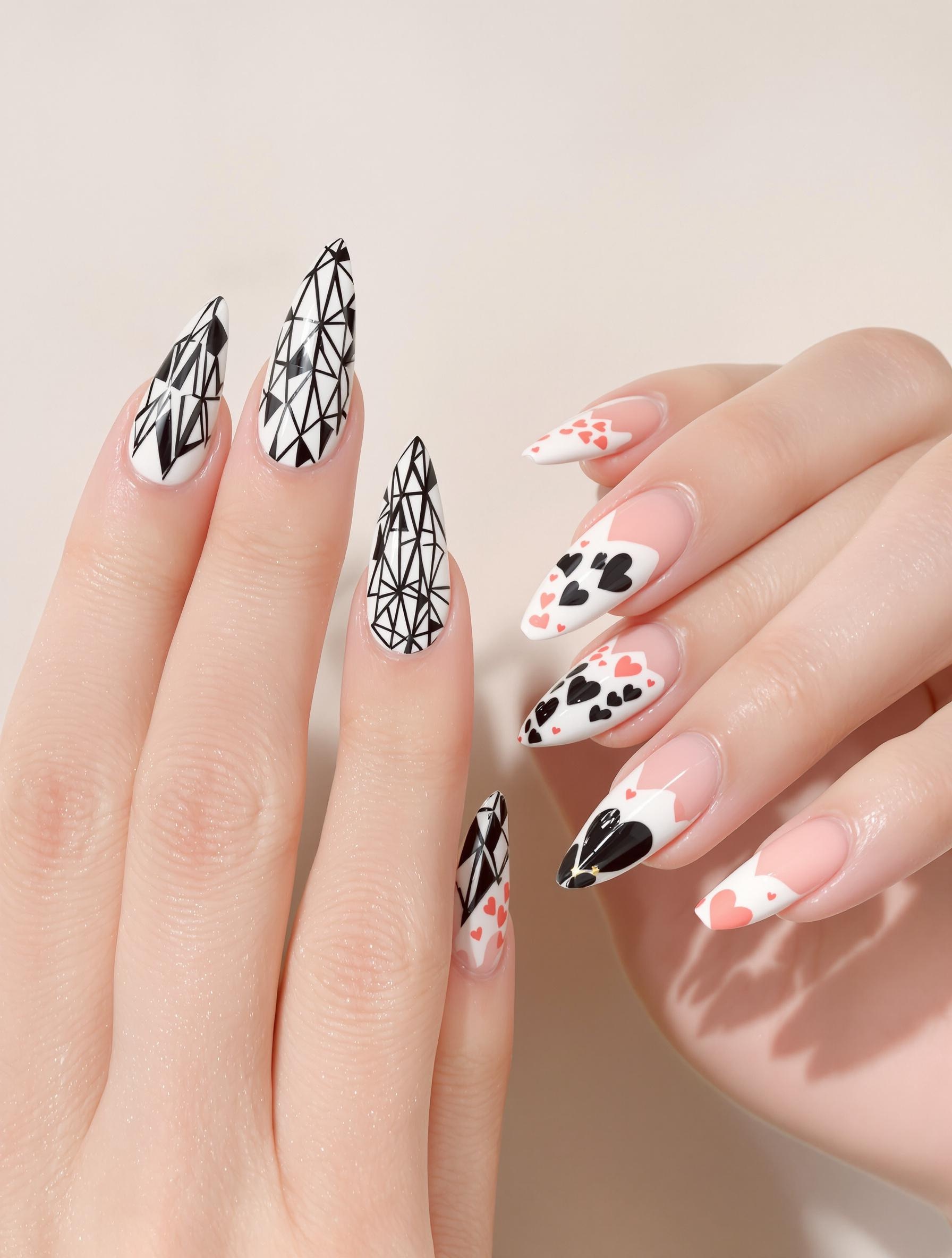 Nail art noir et blanc inspiré par Émilie et Laura Doge, tendance minimaliste et graphique.