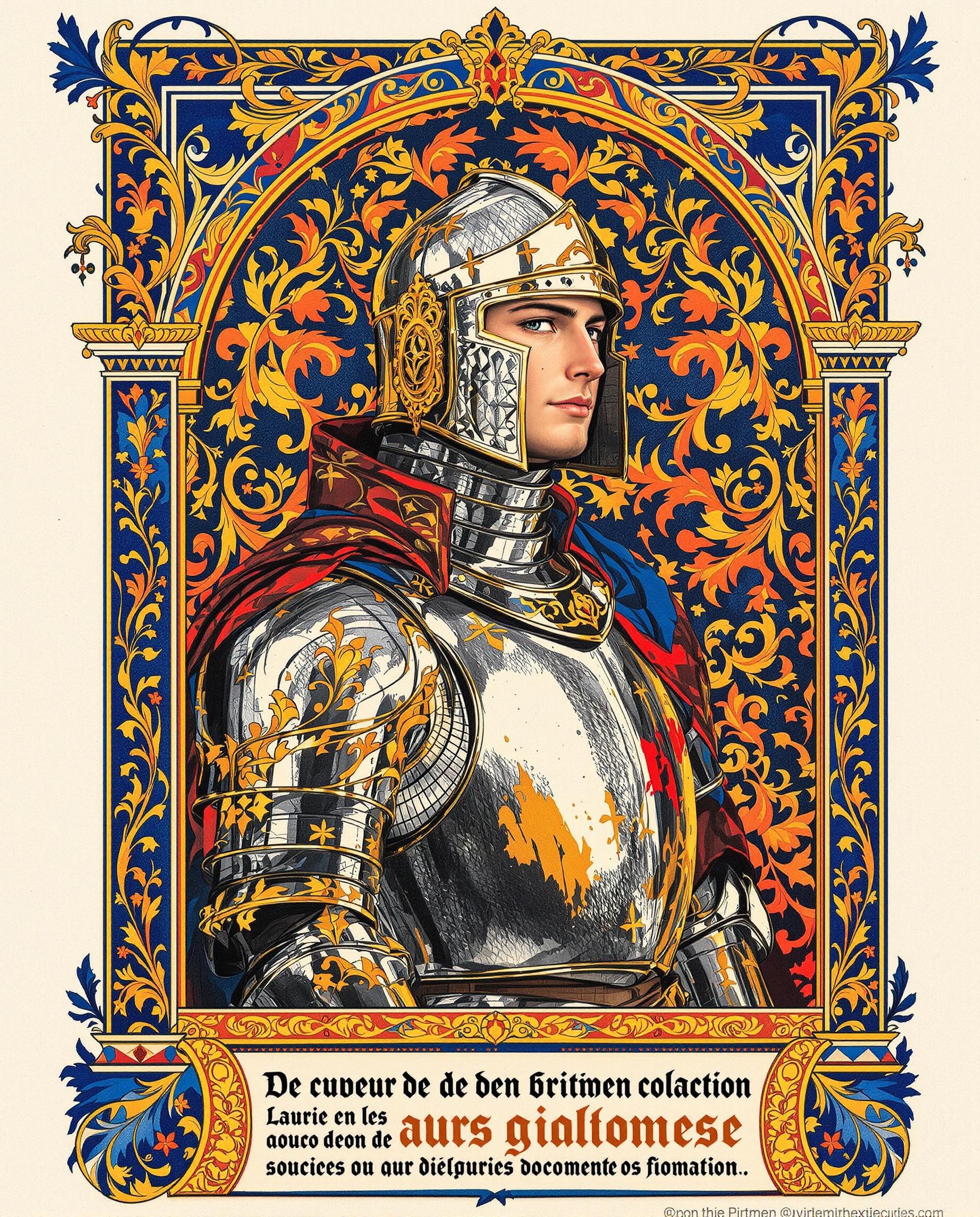 Chevalier médiéval avec boucle d'oreille en or à gauche, enluminure