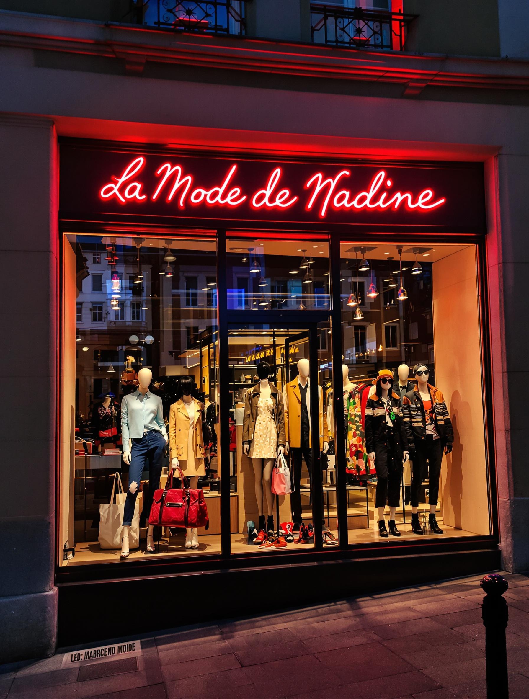 Façade de la boutique La Mode de Nadine à Brindas avec néons et mannequins en vitrine