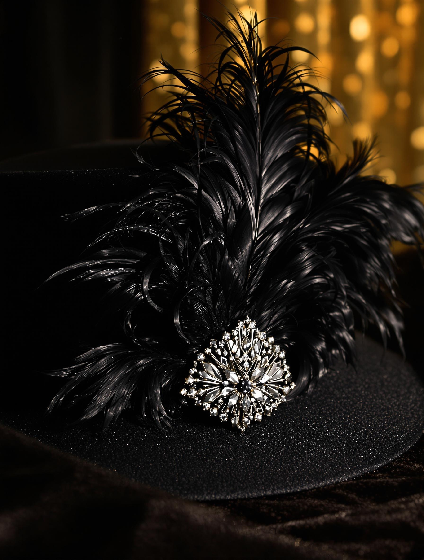 Fedora noir avec plumes et broche art déco, parfait pour un look cabaret