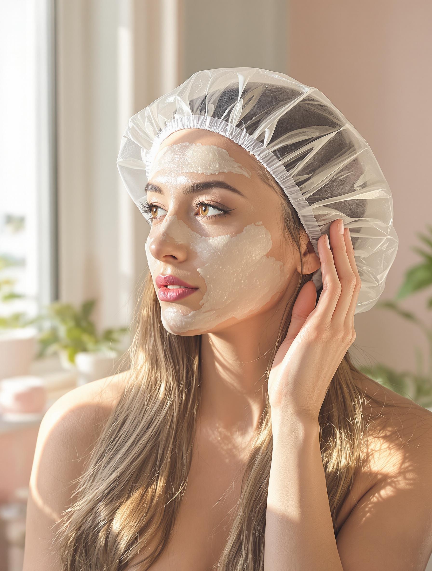 Femme avec un bonnet chauffant transparent appliquant du masque à la Maïzena.
