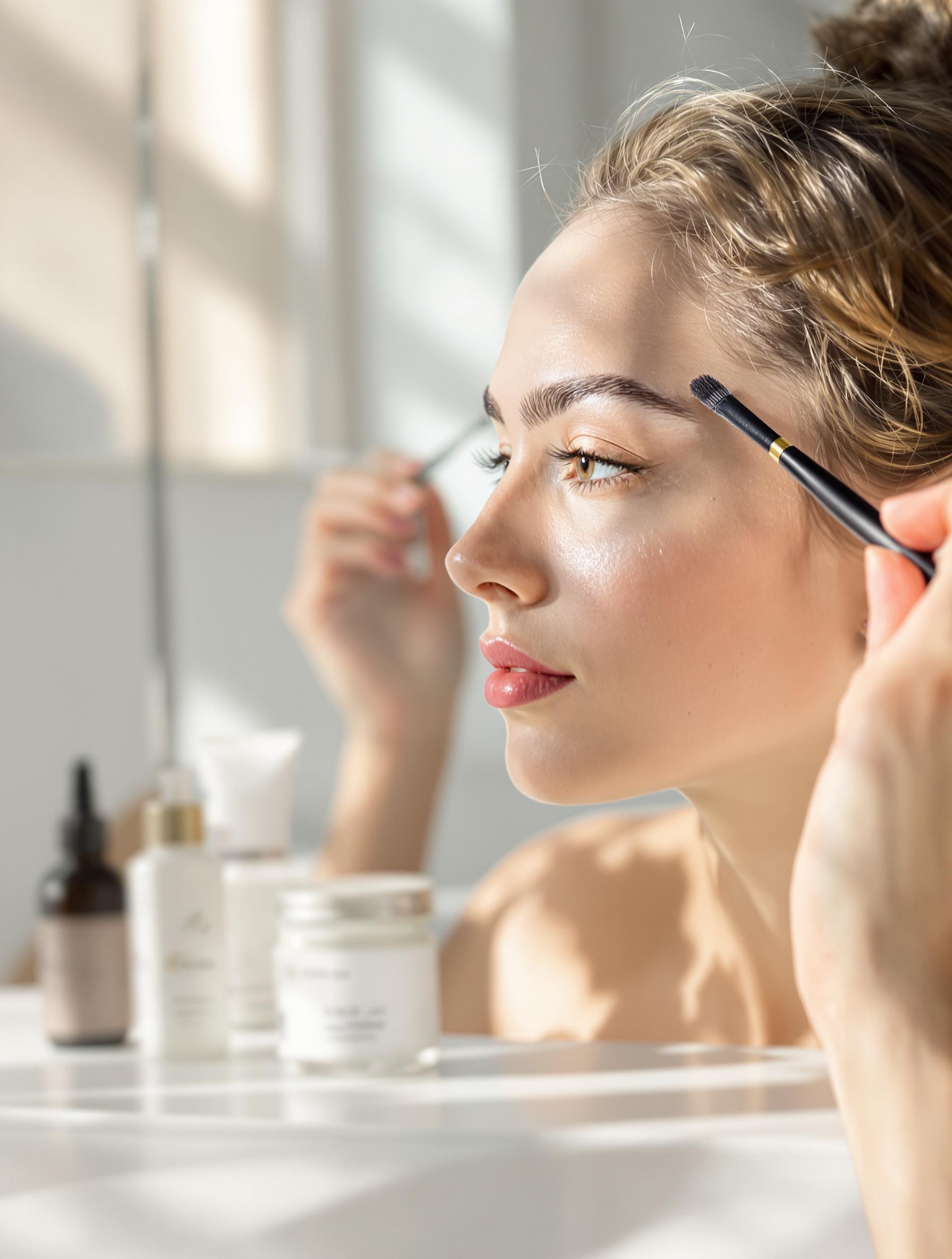 retouche brow lift femme salle de bain lumière naturelle