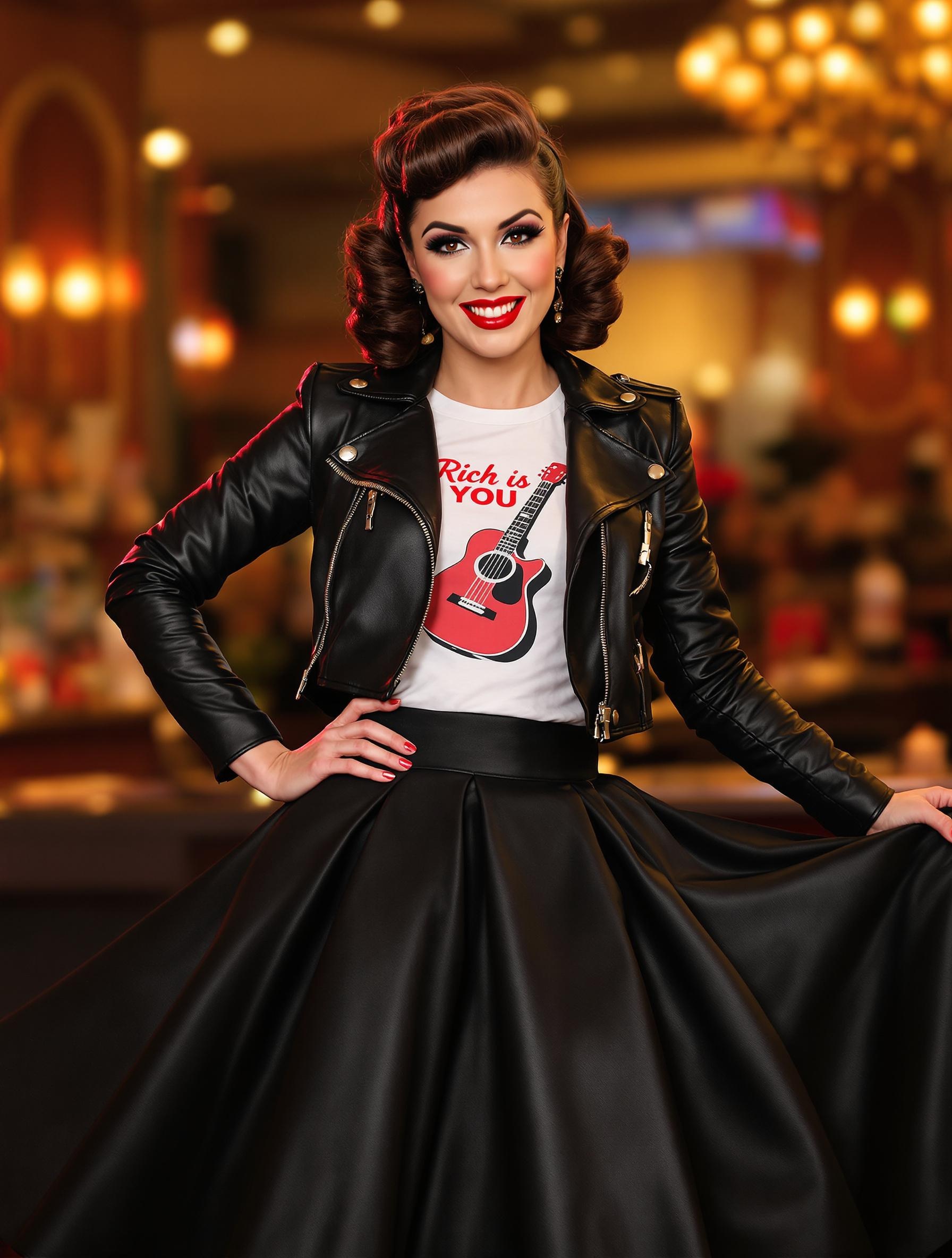 Déguisement rockabilly femme jupe cercle noire et perfecto en cuir