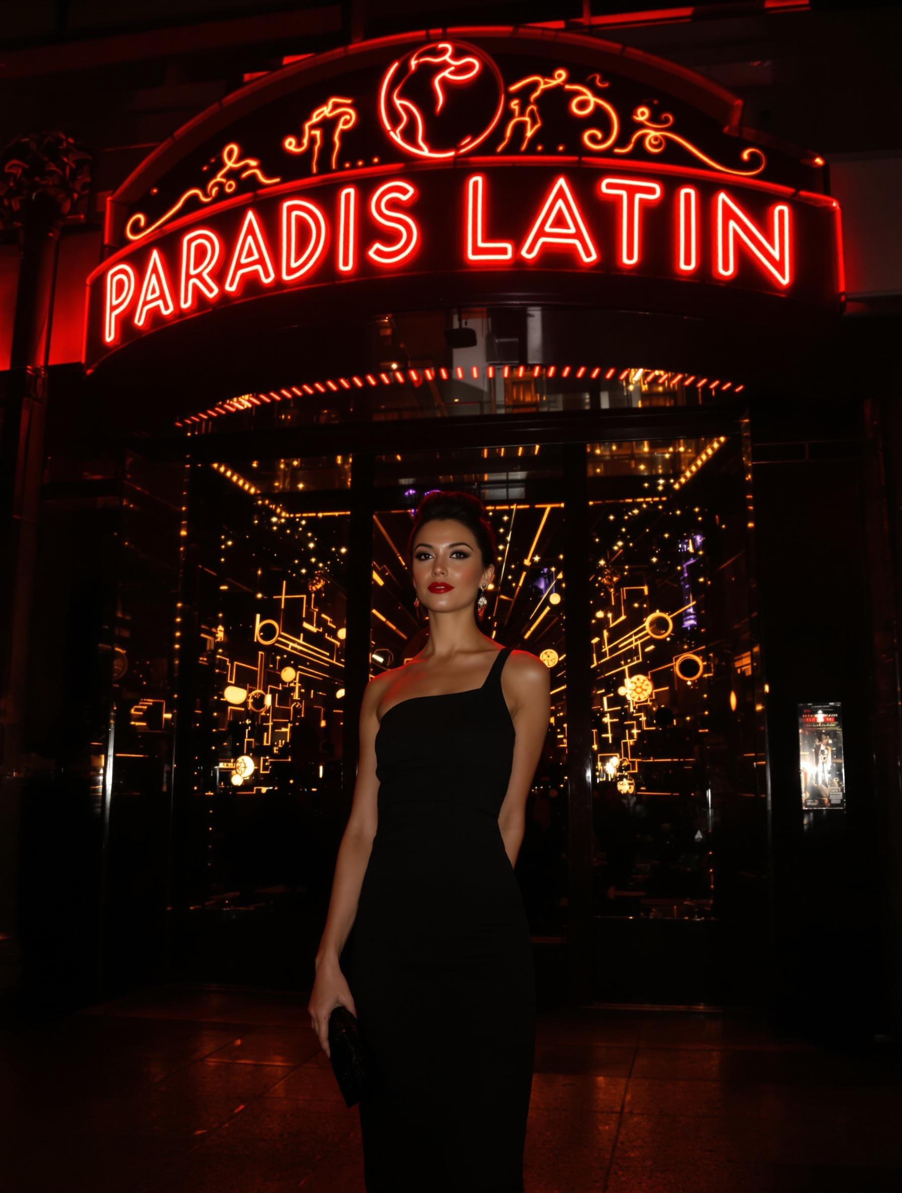 Femme élégante devant l’entrée du Paradis Latin, en robe noire sous des lumières rougeoyantes
