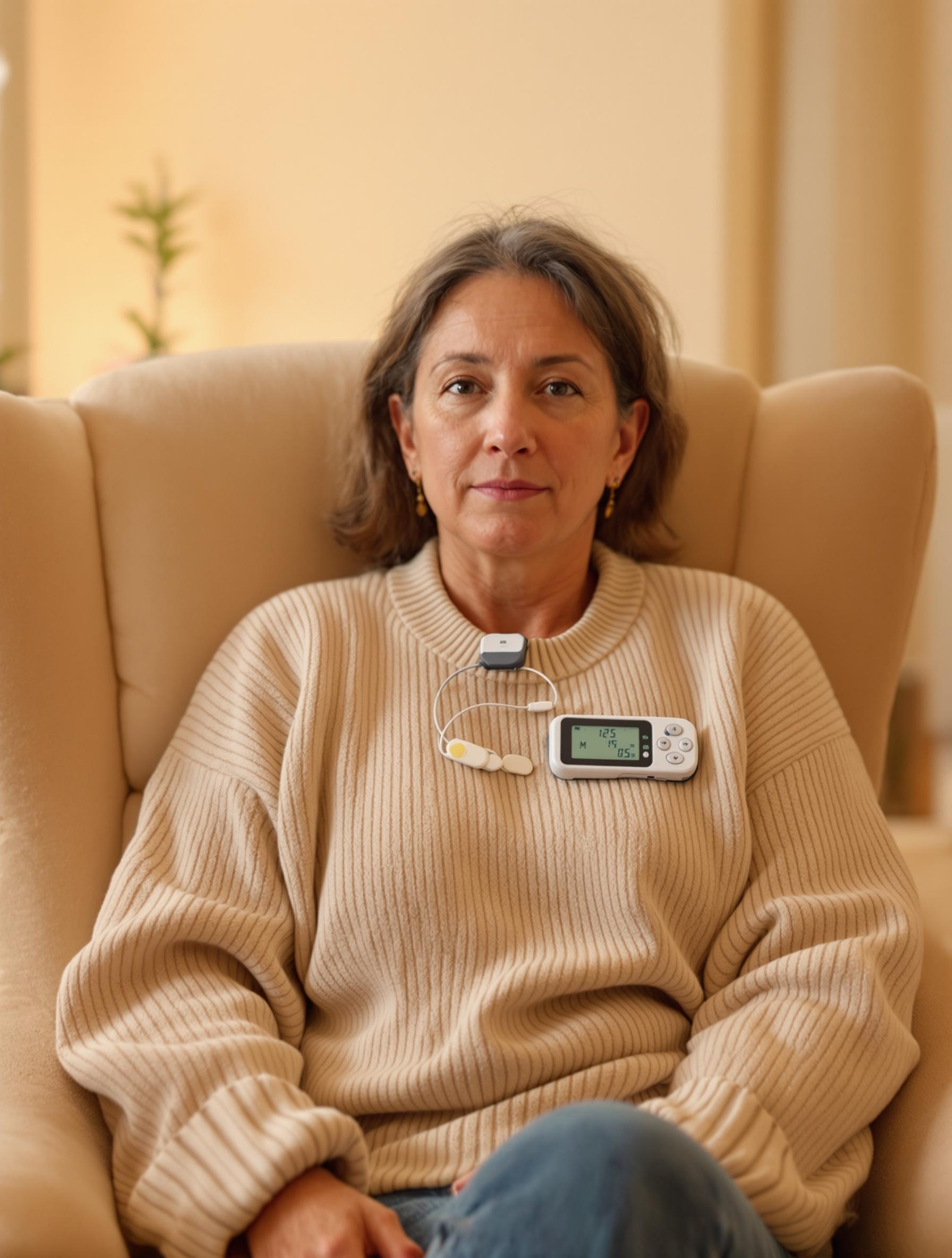Femme portant un pull ample en coton, Holter visible sur la poitrine.