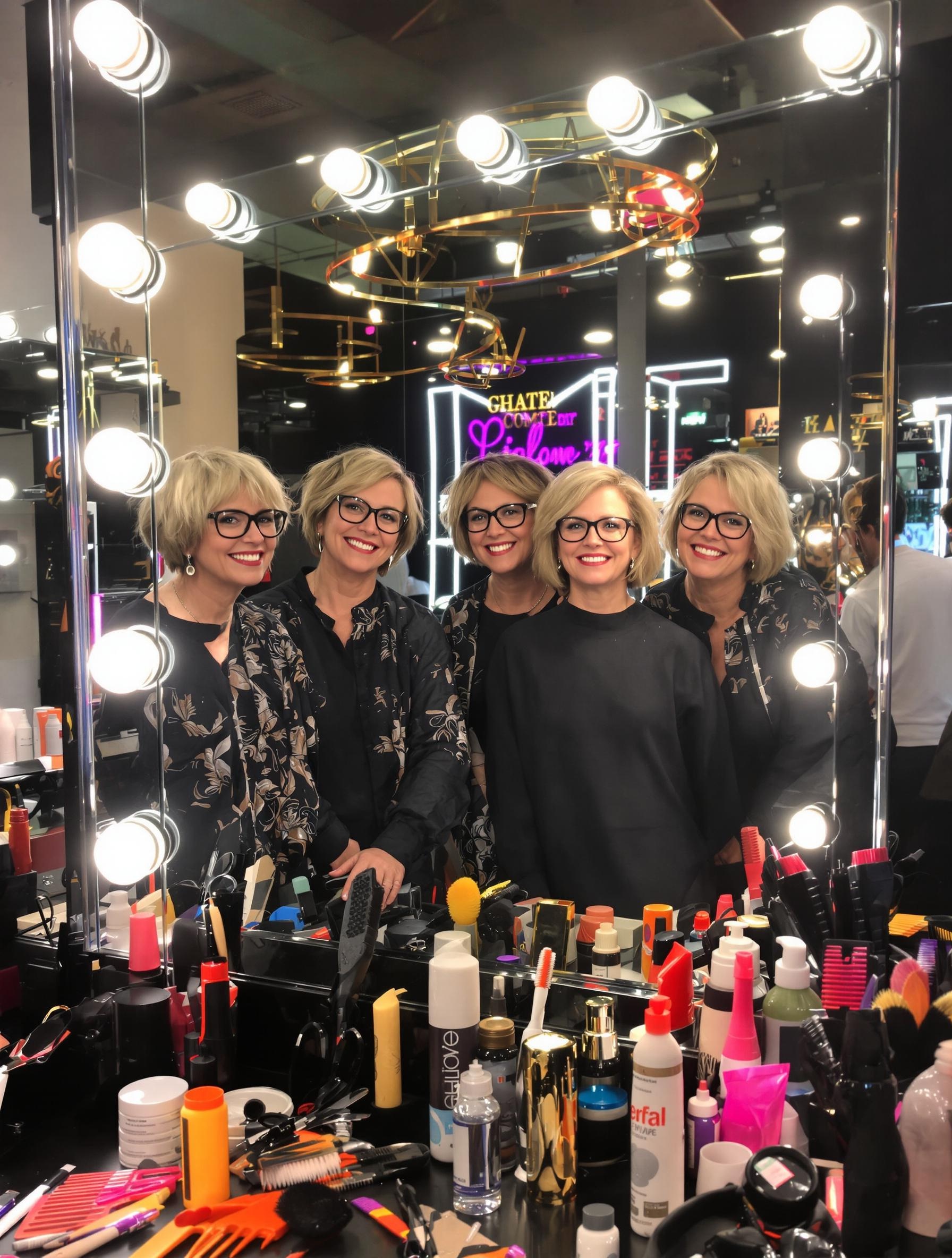 Femme mature quatre coiffures phares lunettes modernes salon