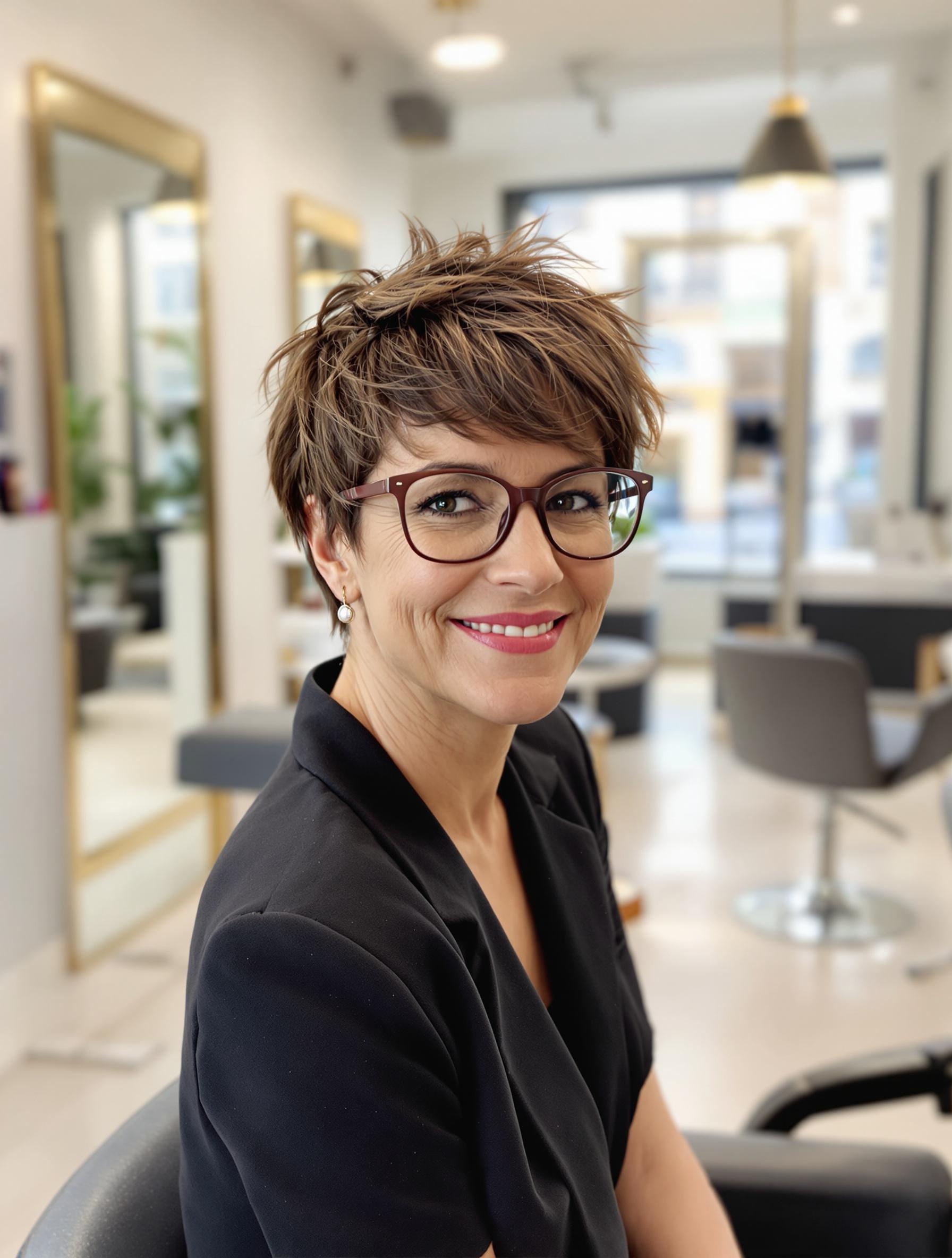 Femme mature, coupe Pixie décoiffée, lunettes oversize salon