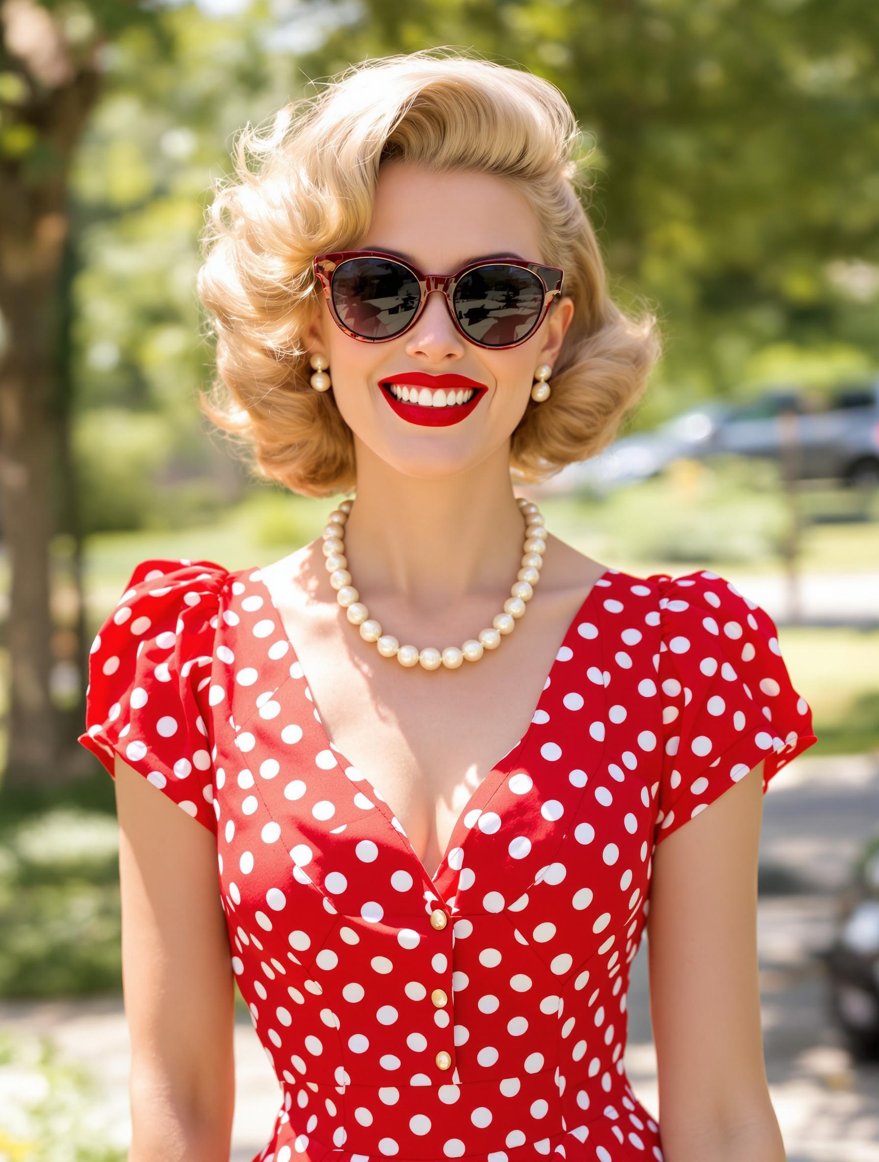 Femme en robe à pois rouge et blanc style pin-up années 50