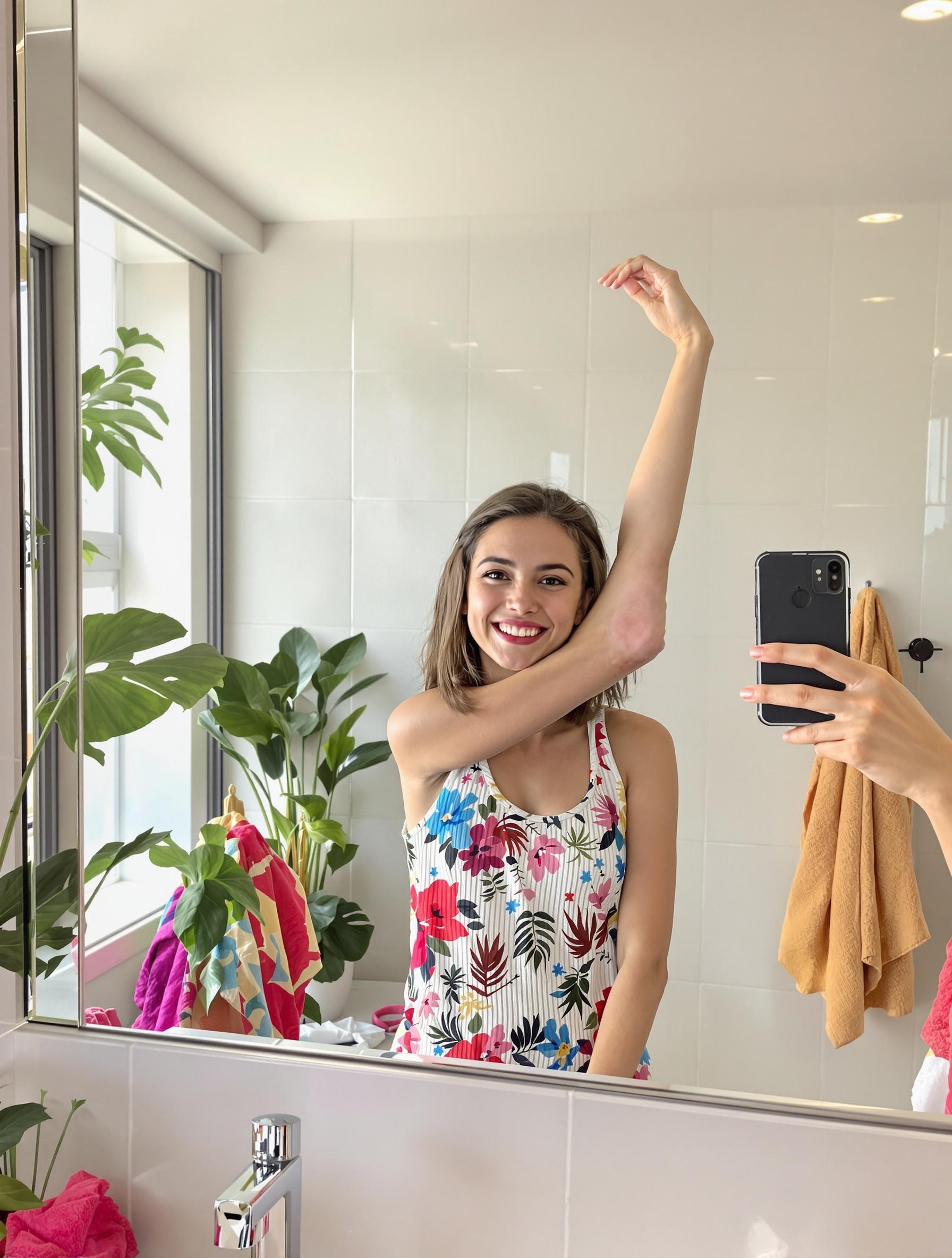 Femme prenant un selfie de ses aisselles dans une salle de bain