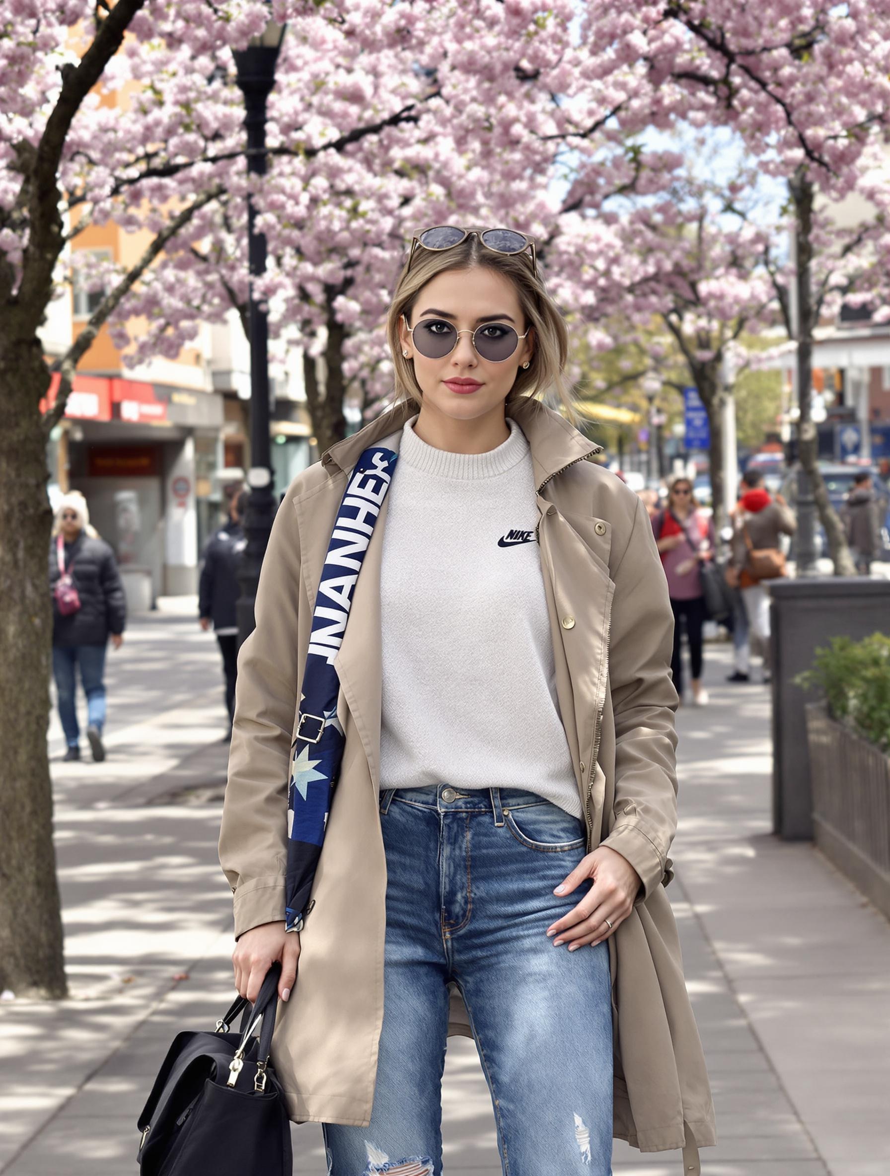 Look mi-saison superposé: t-shirt manches longues, pull fin et Windrunner Nike ou trench vintage