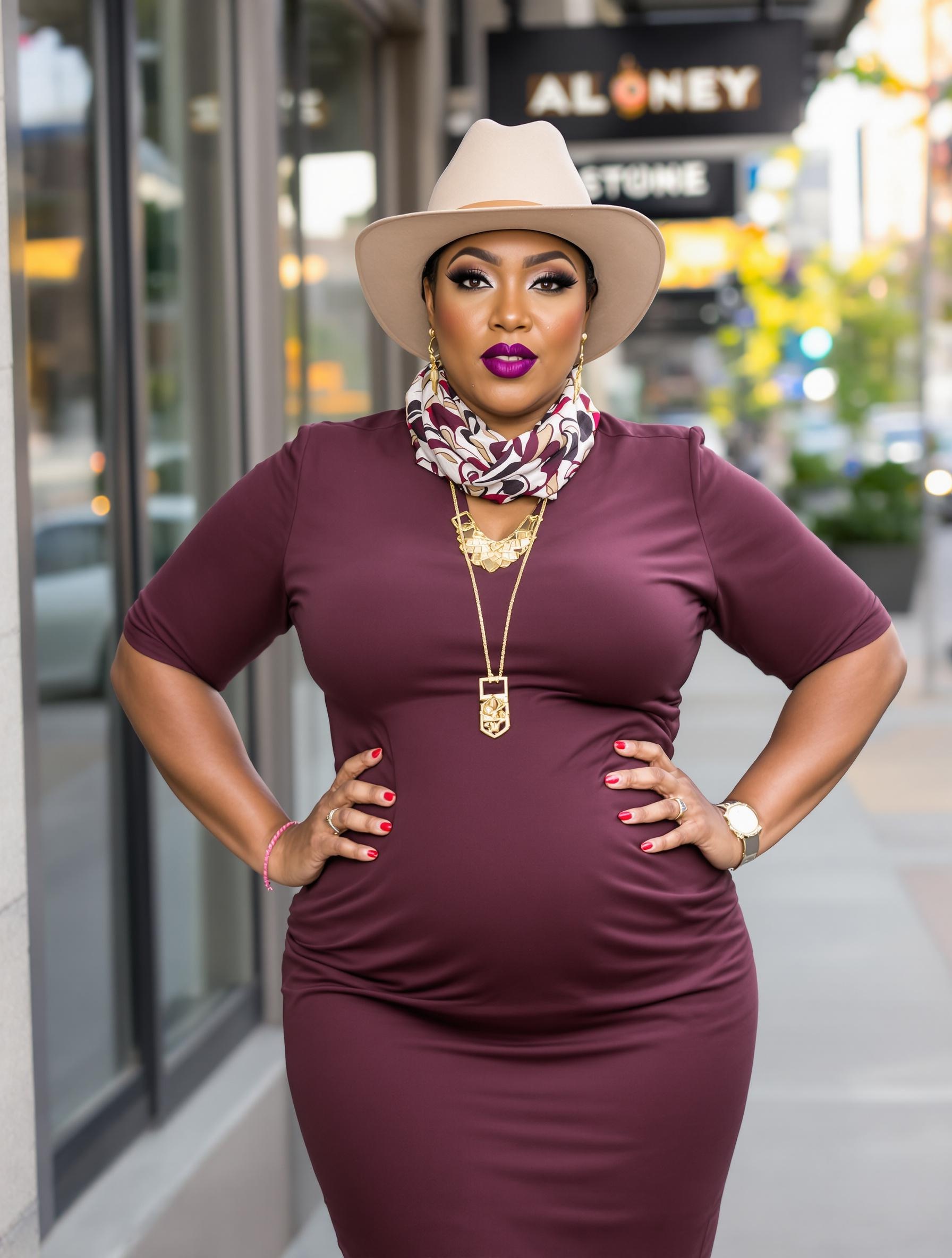 Femme confiante portant une robe taille empire avec des accessoires élégants.