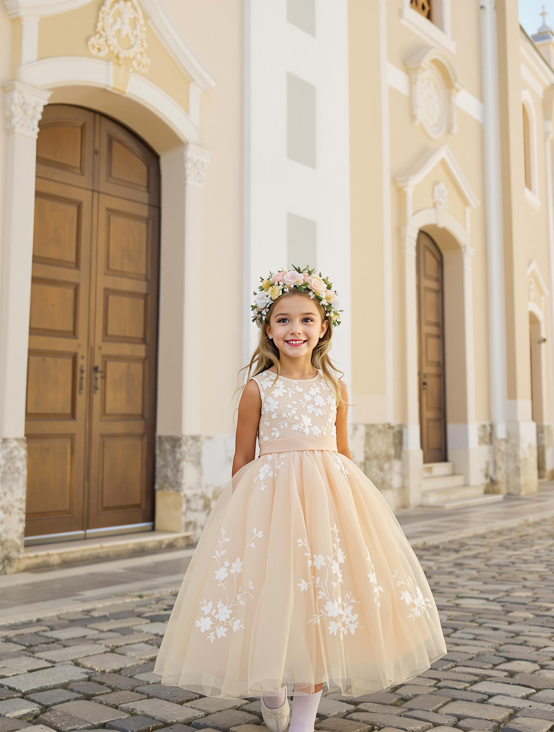 fillette en robe corolle midi et couronne de fleurs devant une église