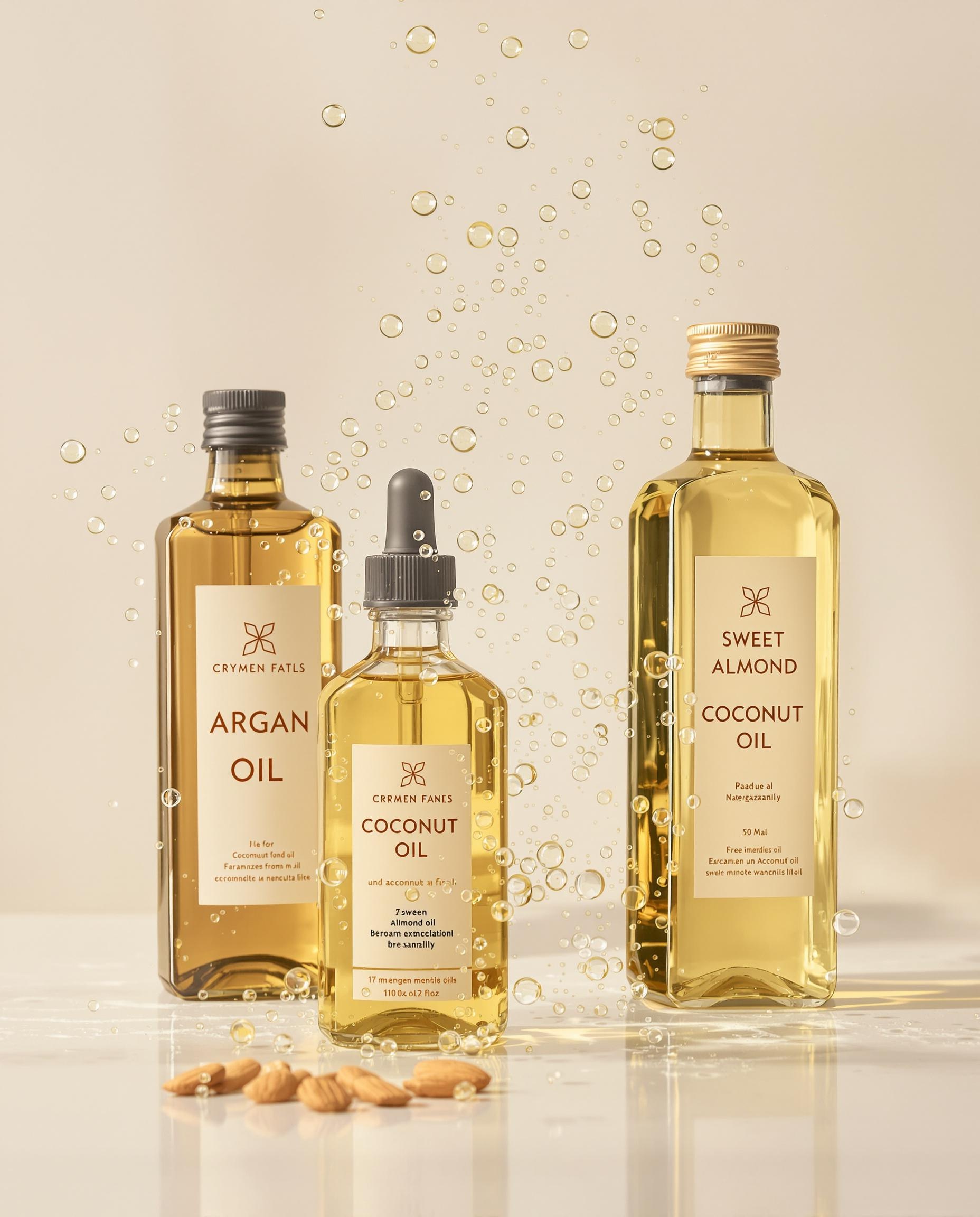 flacons huile argan coco amande douce fond clair gouttes action