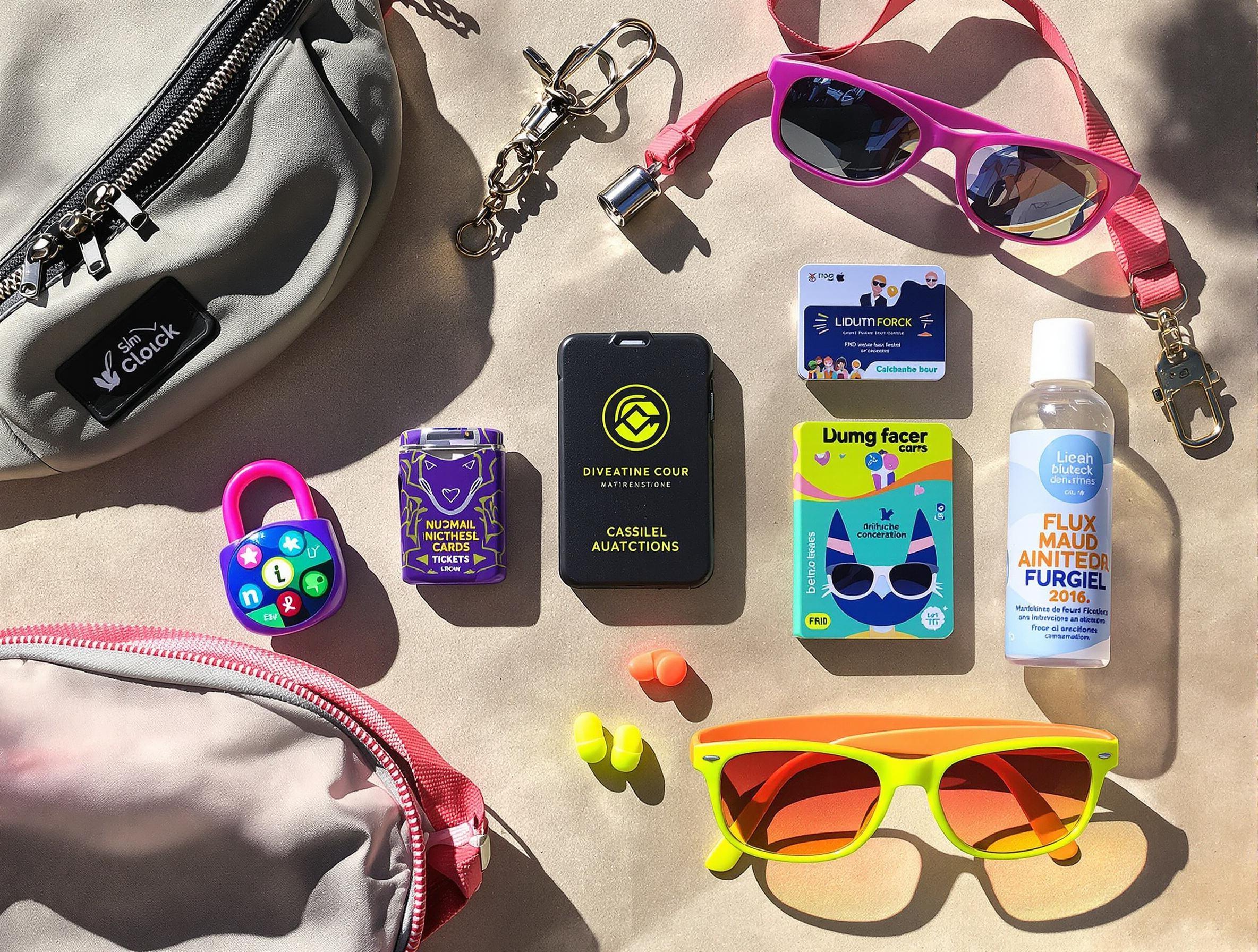 Flatlay d'accessoires pour un concert : sac banane RFID, mini cadenas, étui smartphone, tour de cou et billet cashless