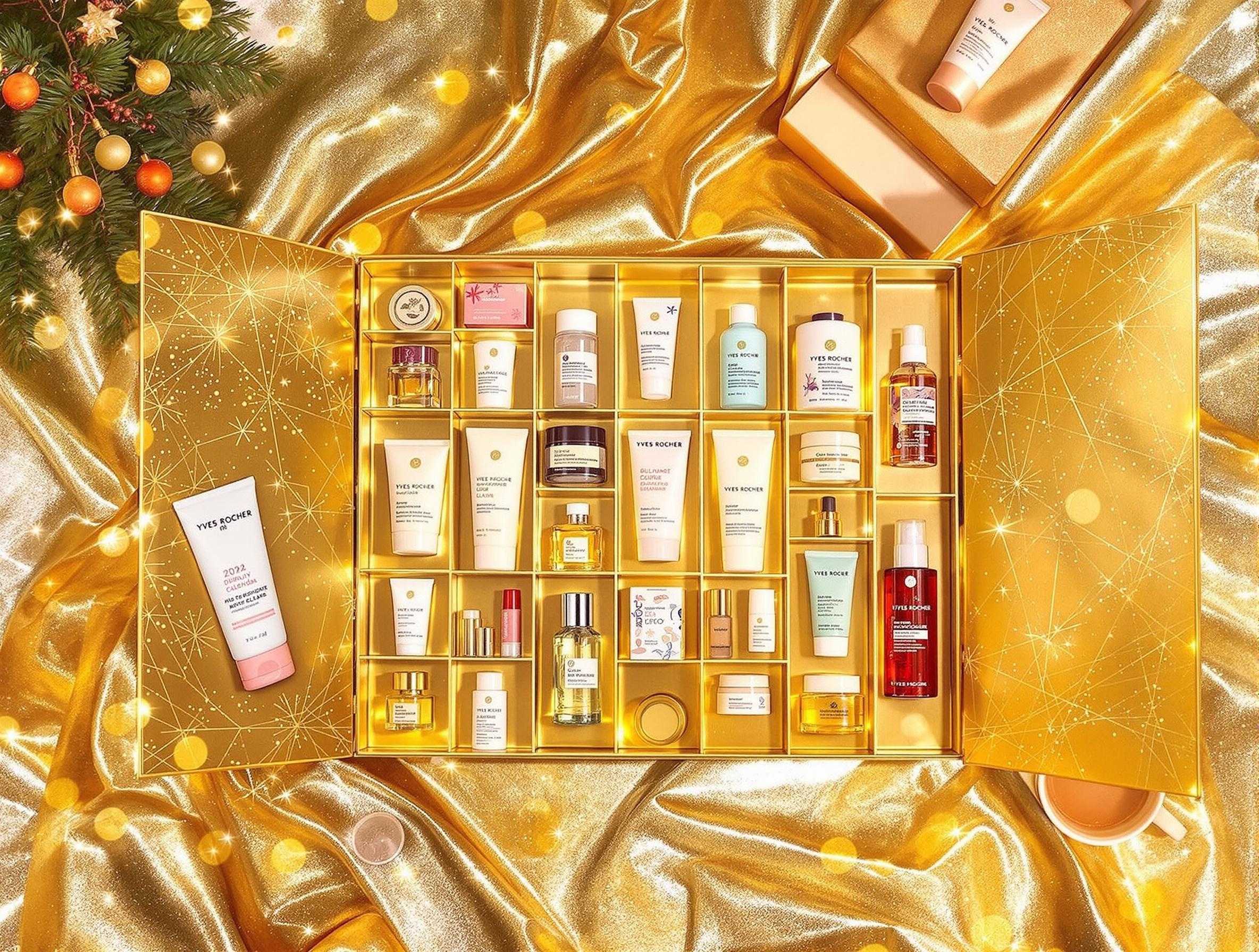 Calendrier de l'Avent Yves Rocher 2024 ouvert, révélant des mini produits de soin visage, corps, maquillage, capillaire et parfum.
