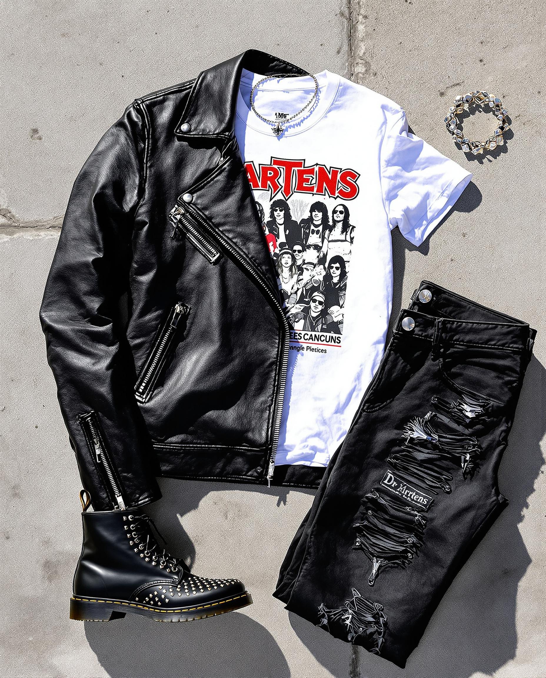 Look rock pour un concert : perfecto noir, t-shirt vintage avec logo, jean noir déchiré et Dr. Martens à clous