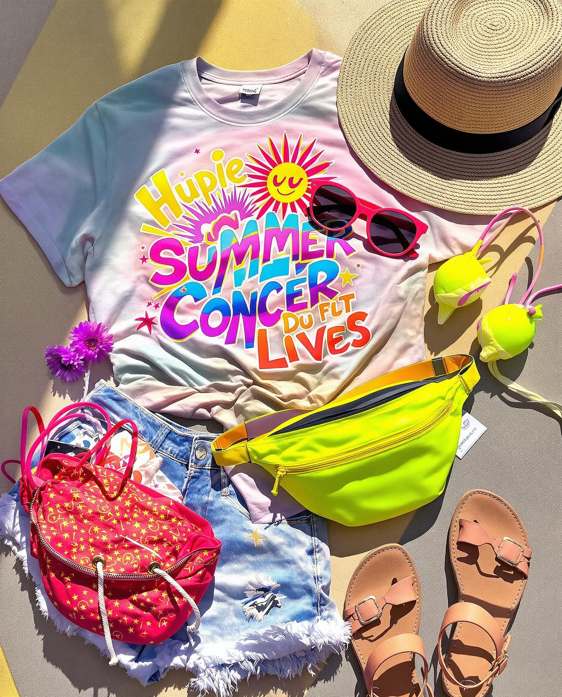 Flatlay de vêtements pour un concert d'été : t-shirt graphique, short en jean et accessoires de festival