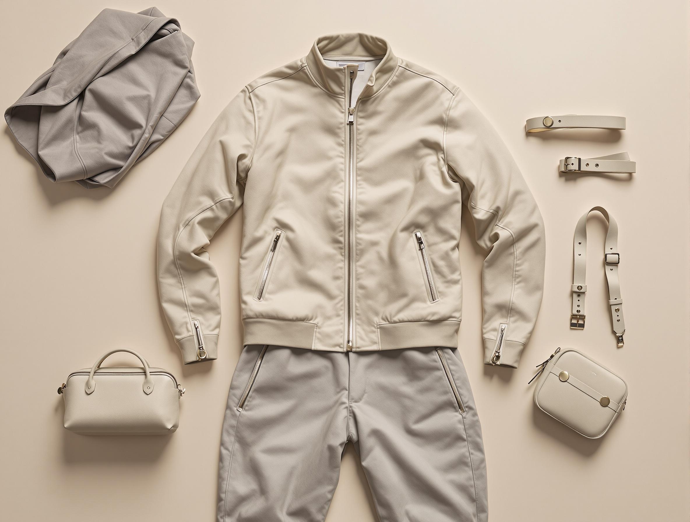 Flatlay vêtements modulables vestes manches zippées pantalon convertible boutons pression innovation mode