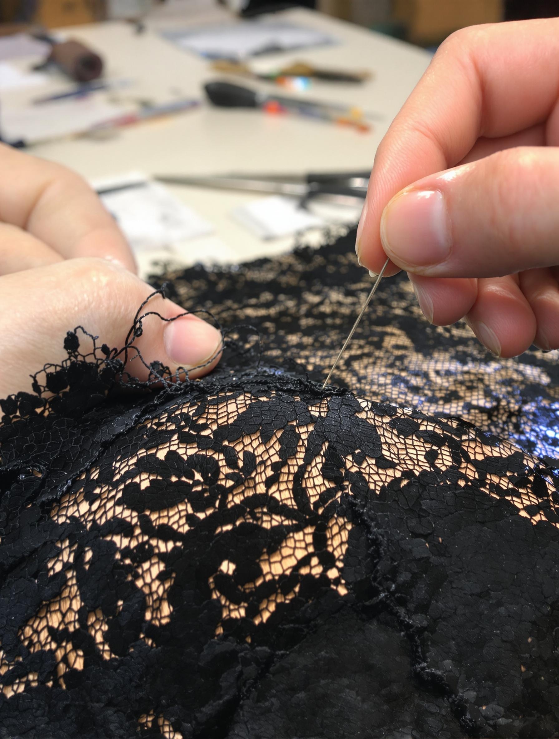Réparation d'un fil lâche sur un body en dentelle noire avec une aiguille