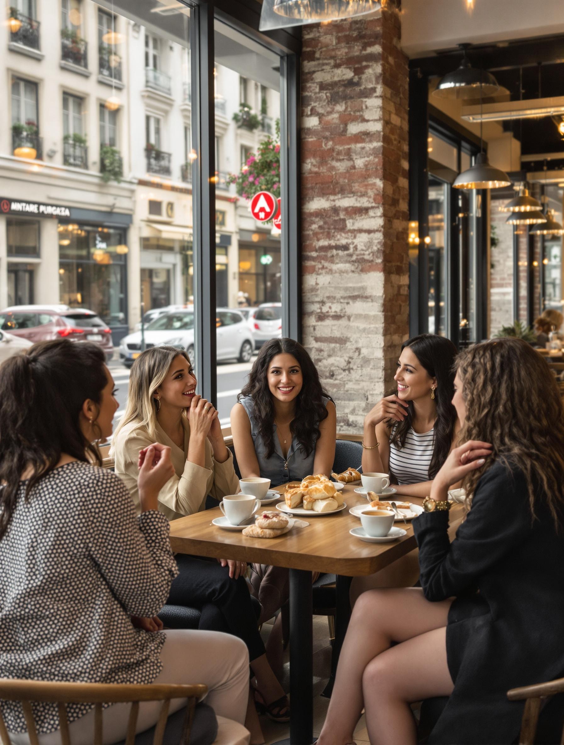 Groupe mixte discutant chirurgie intime reconstructrice bistrot parisien