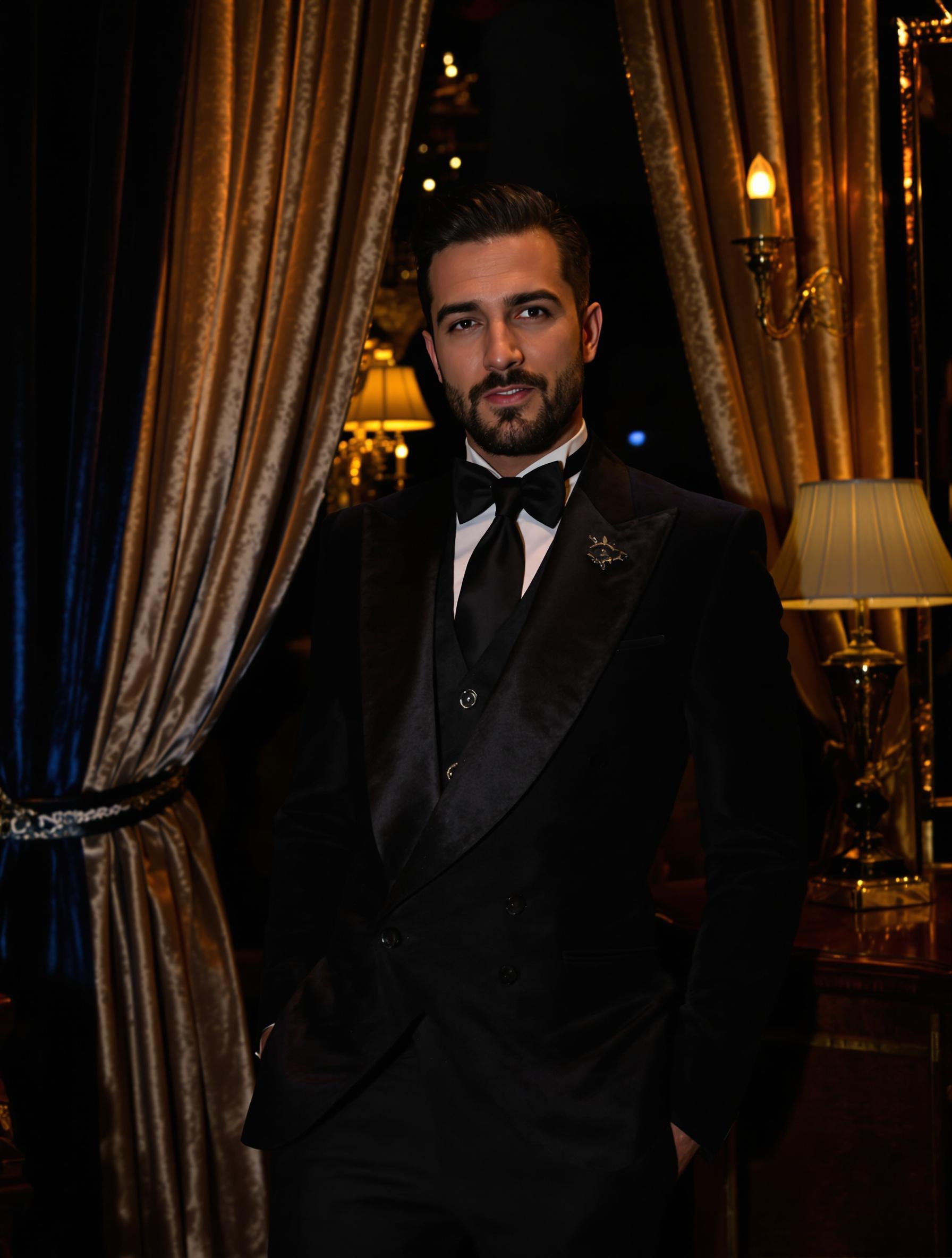 Homme élégant en costume cintré sombre, style cabaret rétro chic