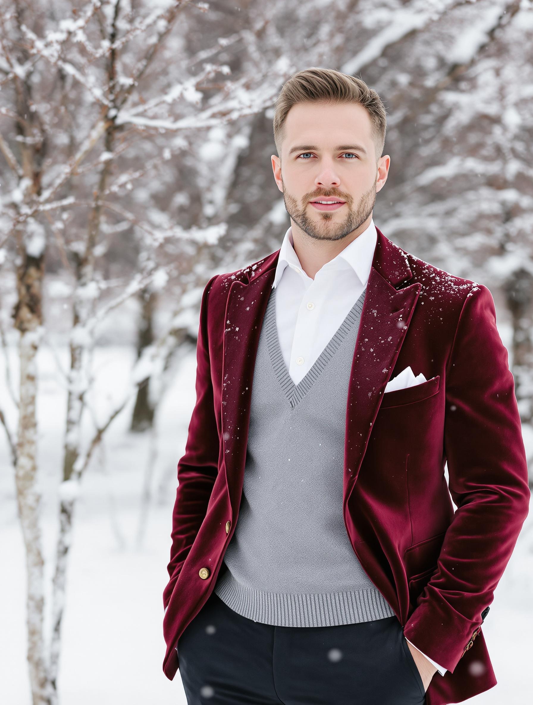Homme habillé pour un mariage d'hiver avec une chemise blanche, un pull gris et une veste en velours bordeaux