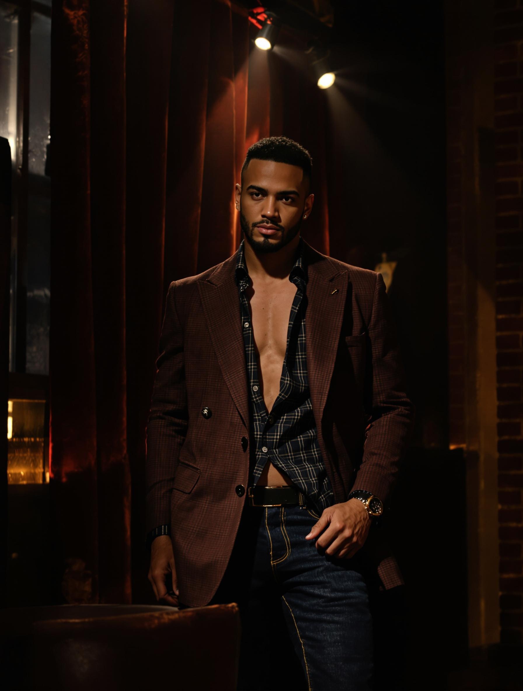Homme en tenue smart casual avec blazer et jean selvedge dans un cabaret new-yorkais