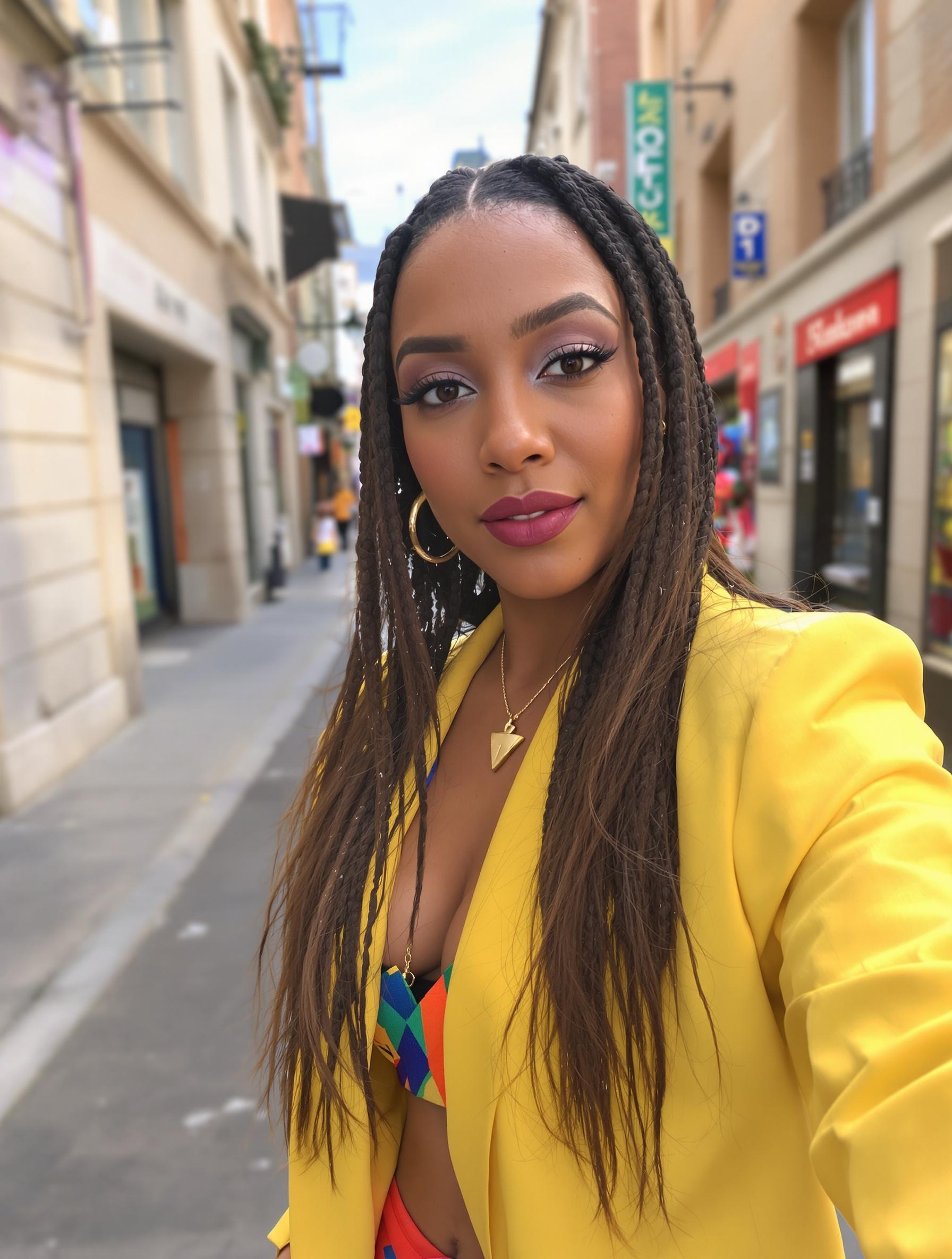 Selfie mode urbaine : blazer jaune beurre, micro-short arty et accessoires fun.
