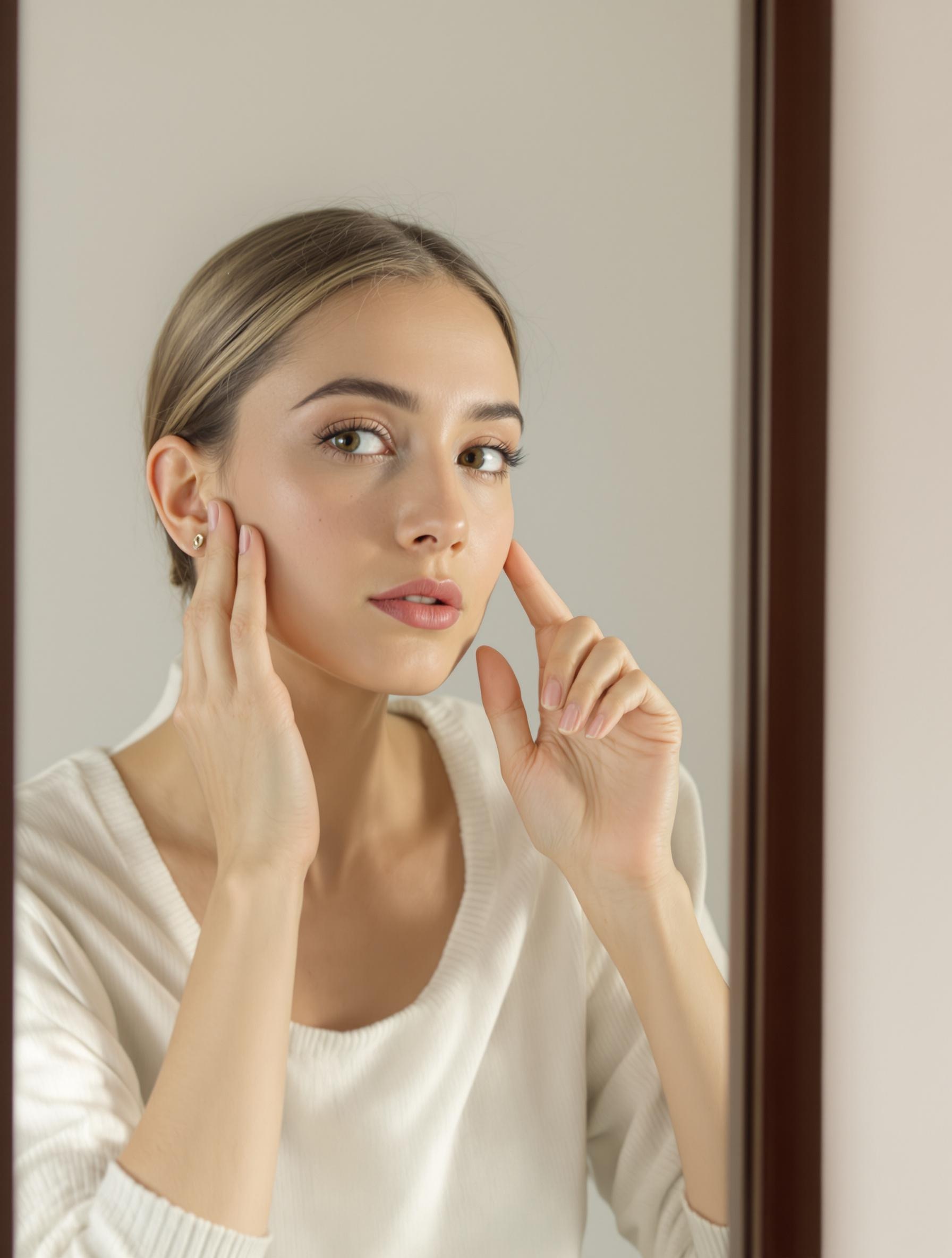 Femme confiante devant un miroir avec un piercing tragus