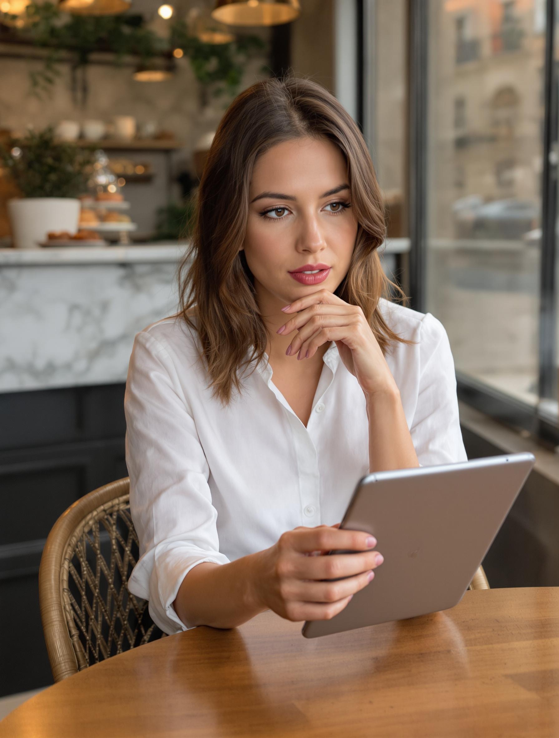 jeune femme analyse profils chirurgiens esthétiques sur tablette café parisien