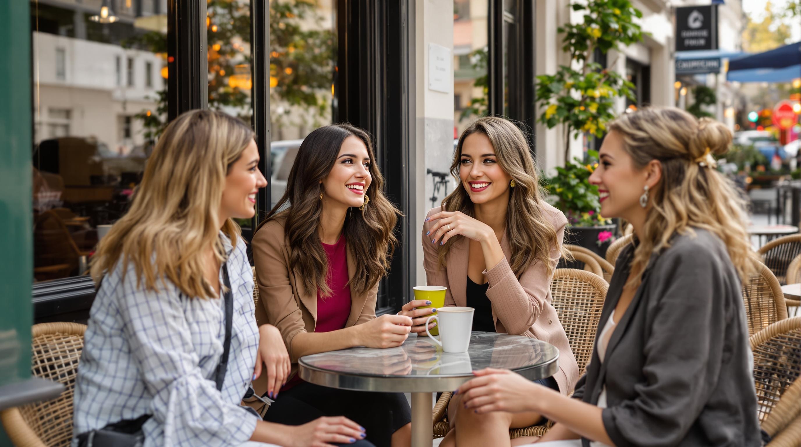 Quatre jeunes femmes discutant chirurgie du visage dans un café parisien