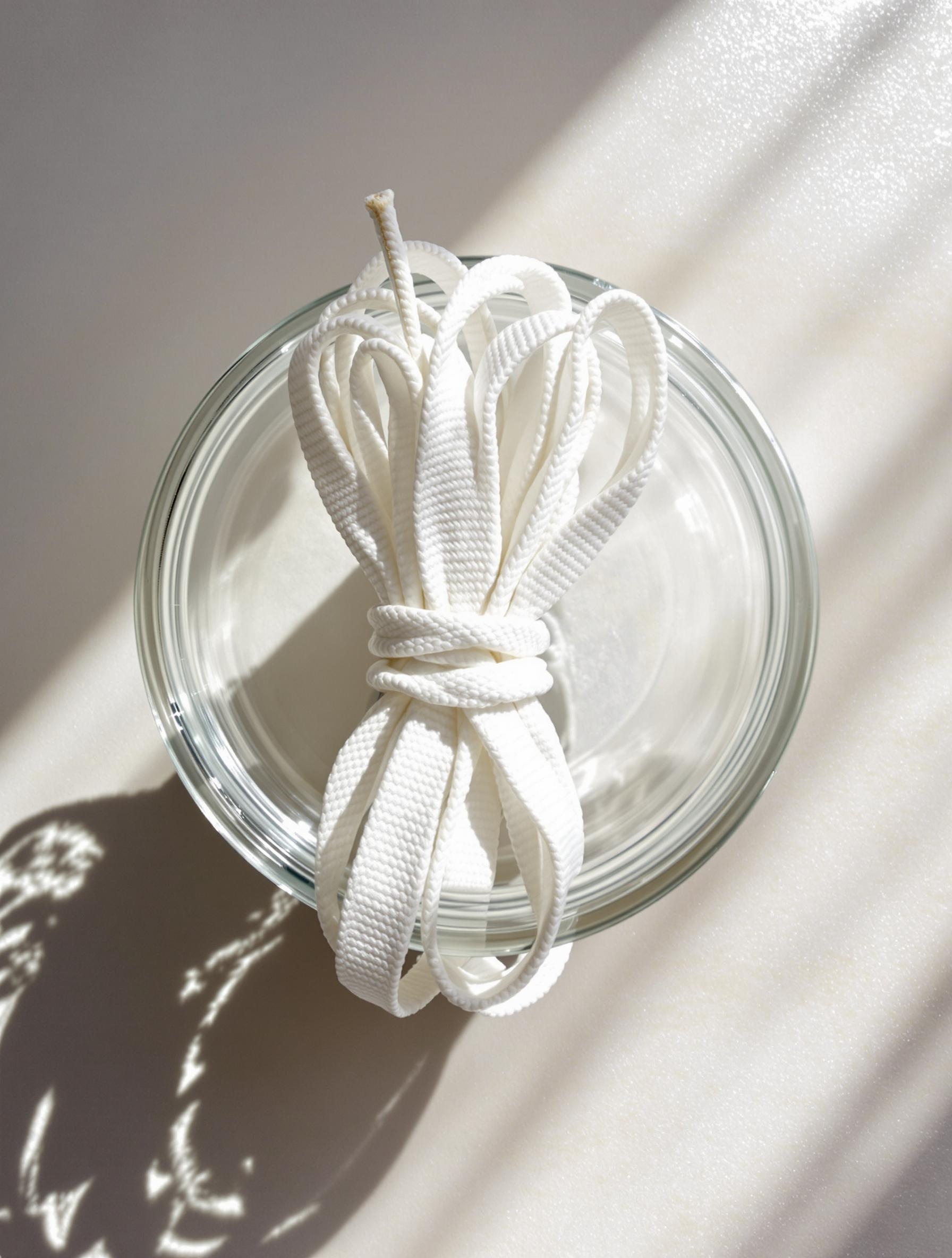 Lacets blancs enroulés et rangés dans une boîte transparente pot à épices