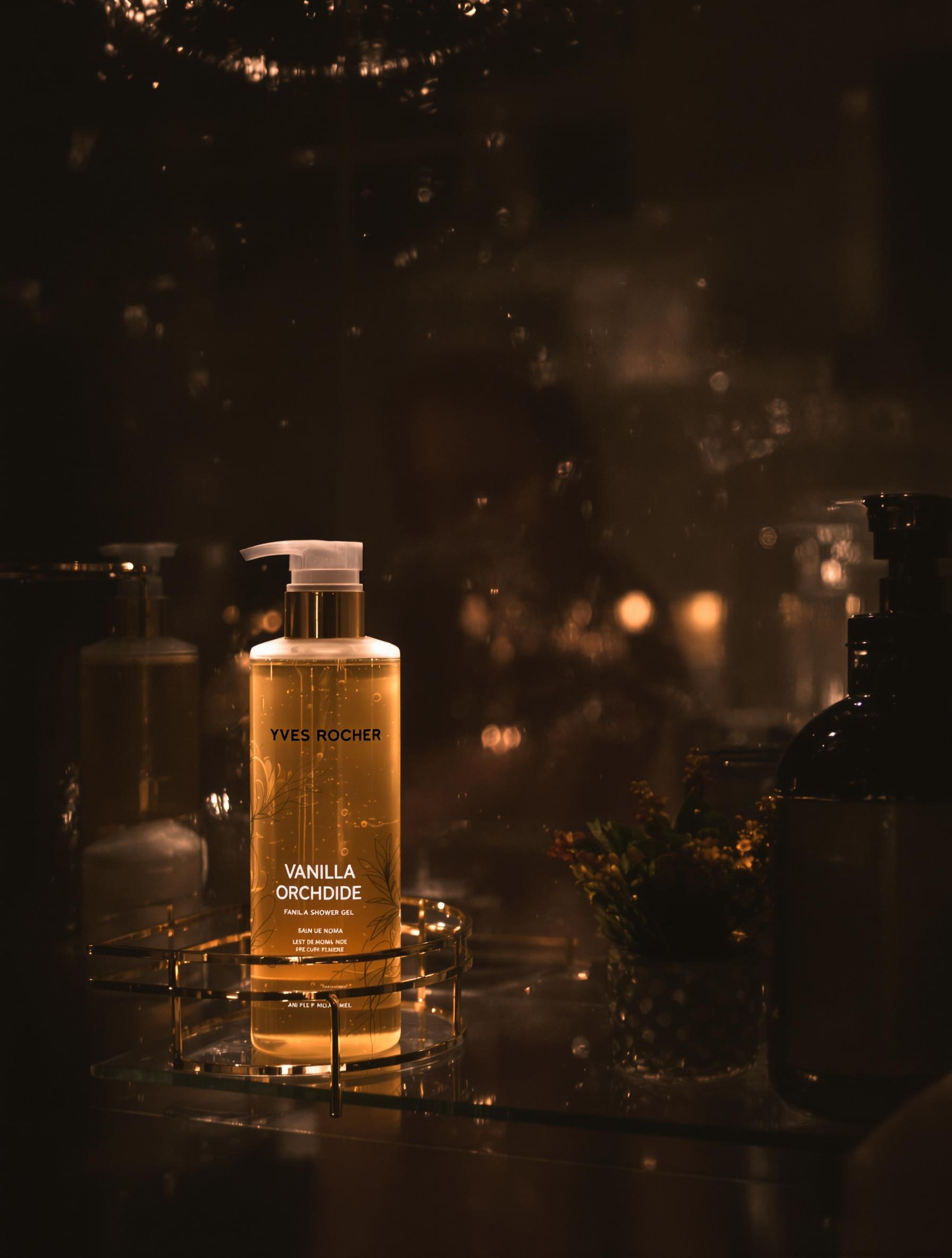 Gel douche Vanille Orchidée Yves Rocher posé sous la douche.