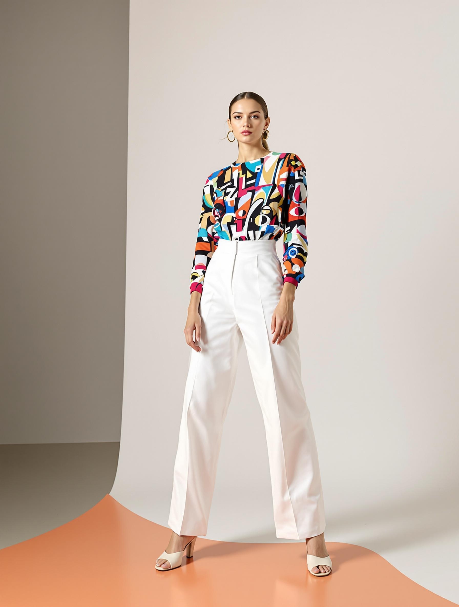 Look arty minimaliste femme : top graphique multicolore et pantalon blanc épuré.