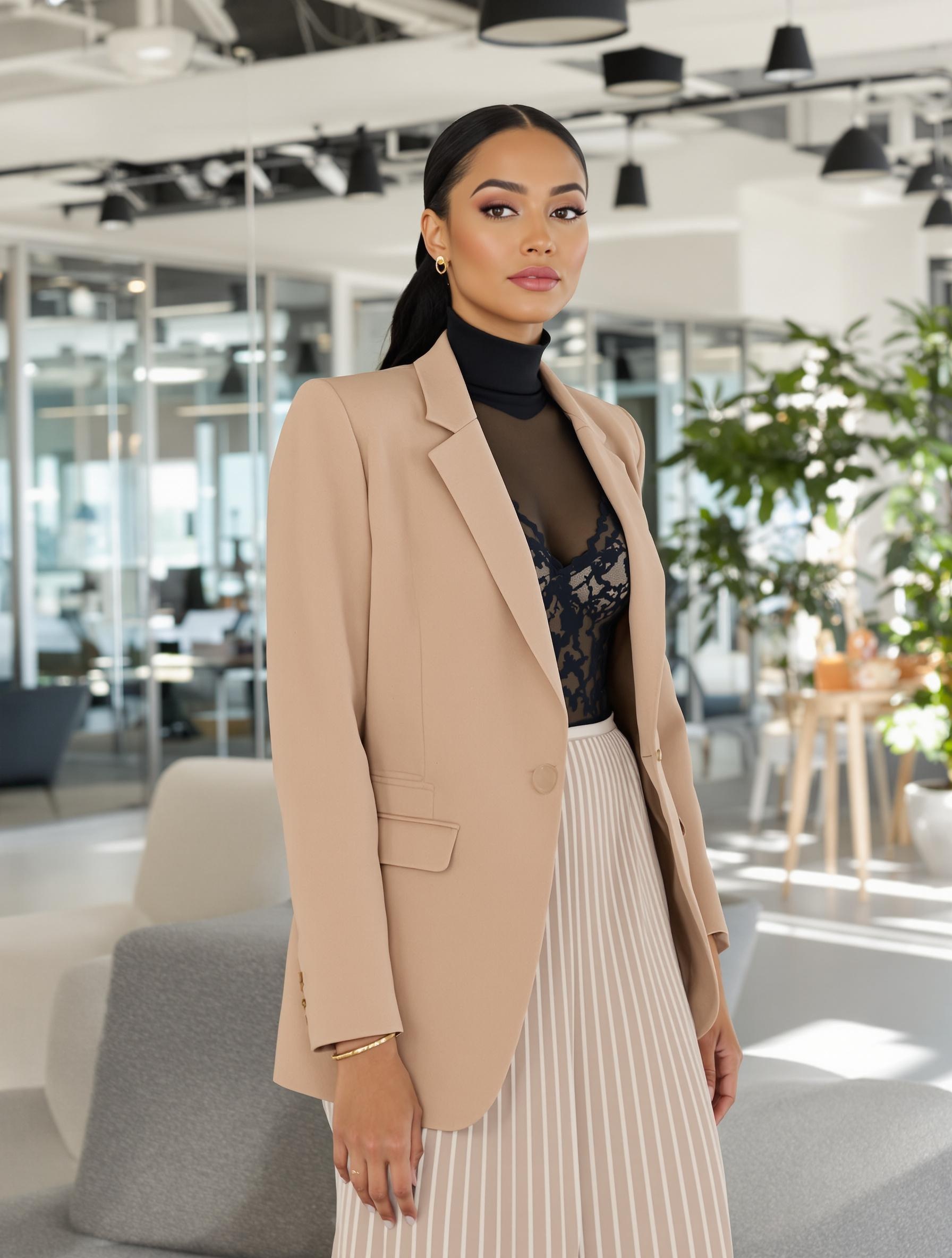 Body en dentelle noire porté avec un blazer camel et une jupe plissée, accessoirisé pour un look chic en open-space